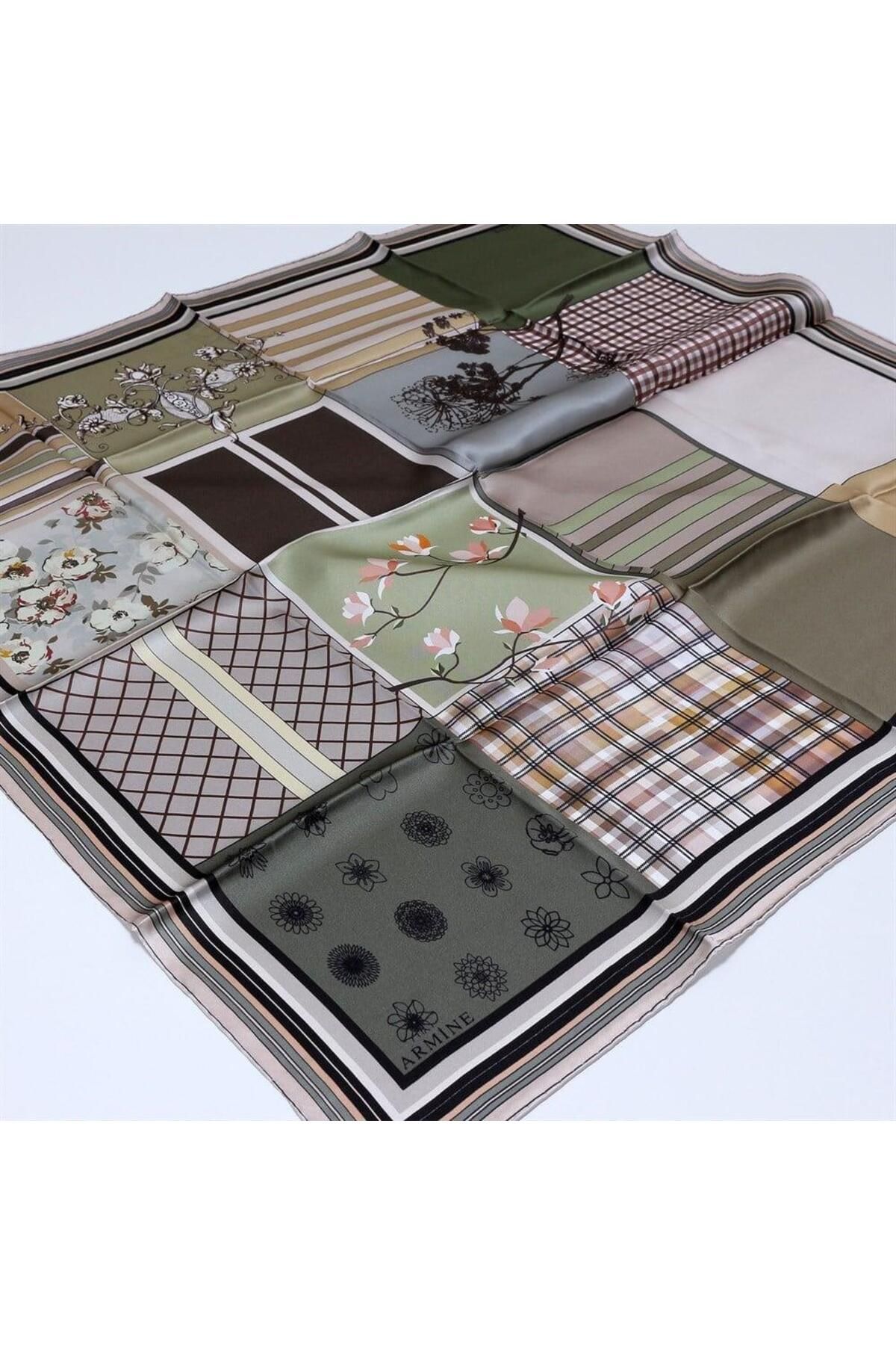 Armine Nostalji Serisi İpek Twill Eşarp 8303D-33 Geometrik Desen HAKİ-VİZON