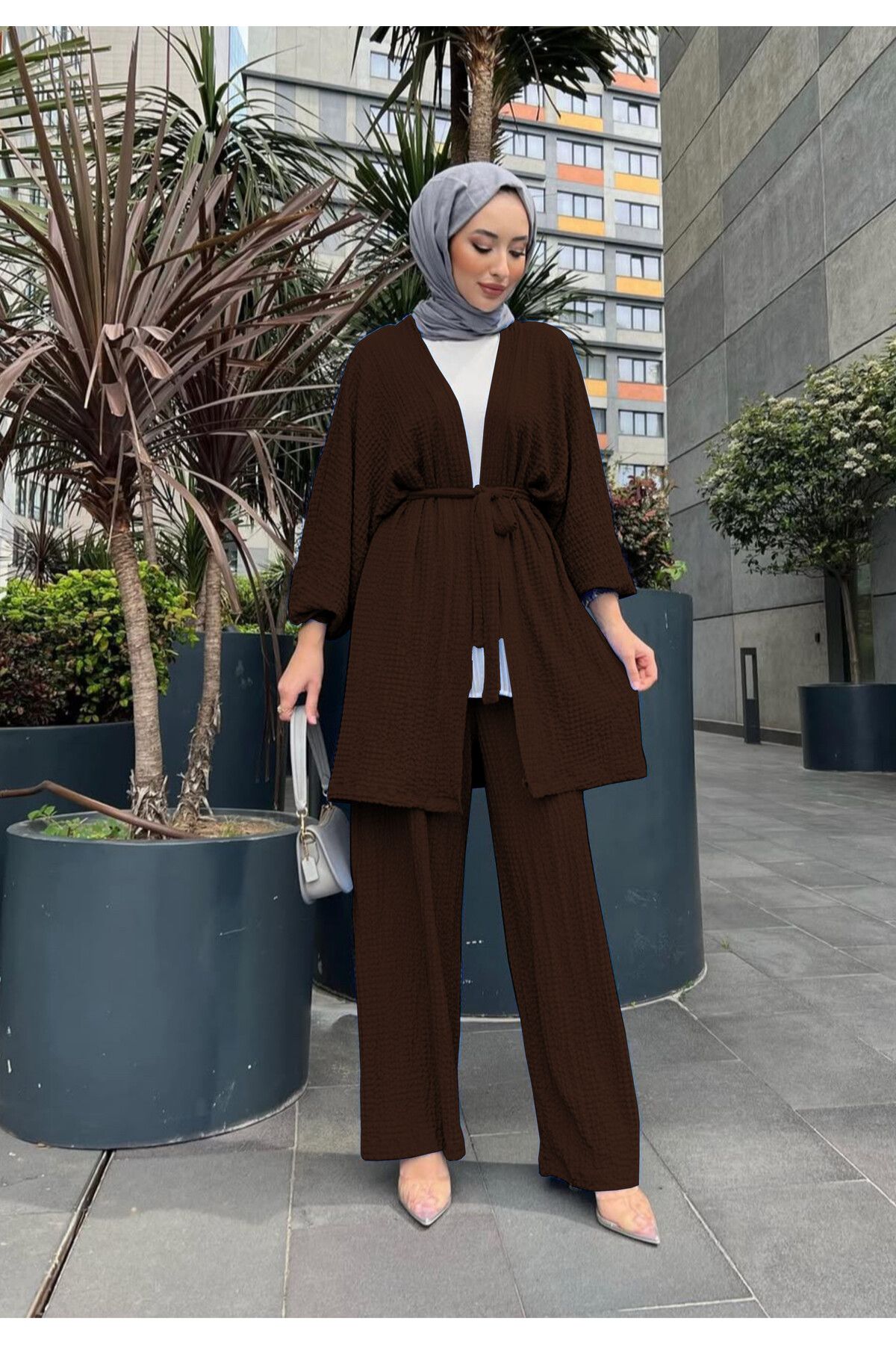 NİSUM MODA Gofre Dokulu Kuşaklı Hırka ve Pantolon İkili Takım