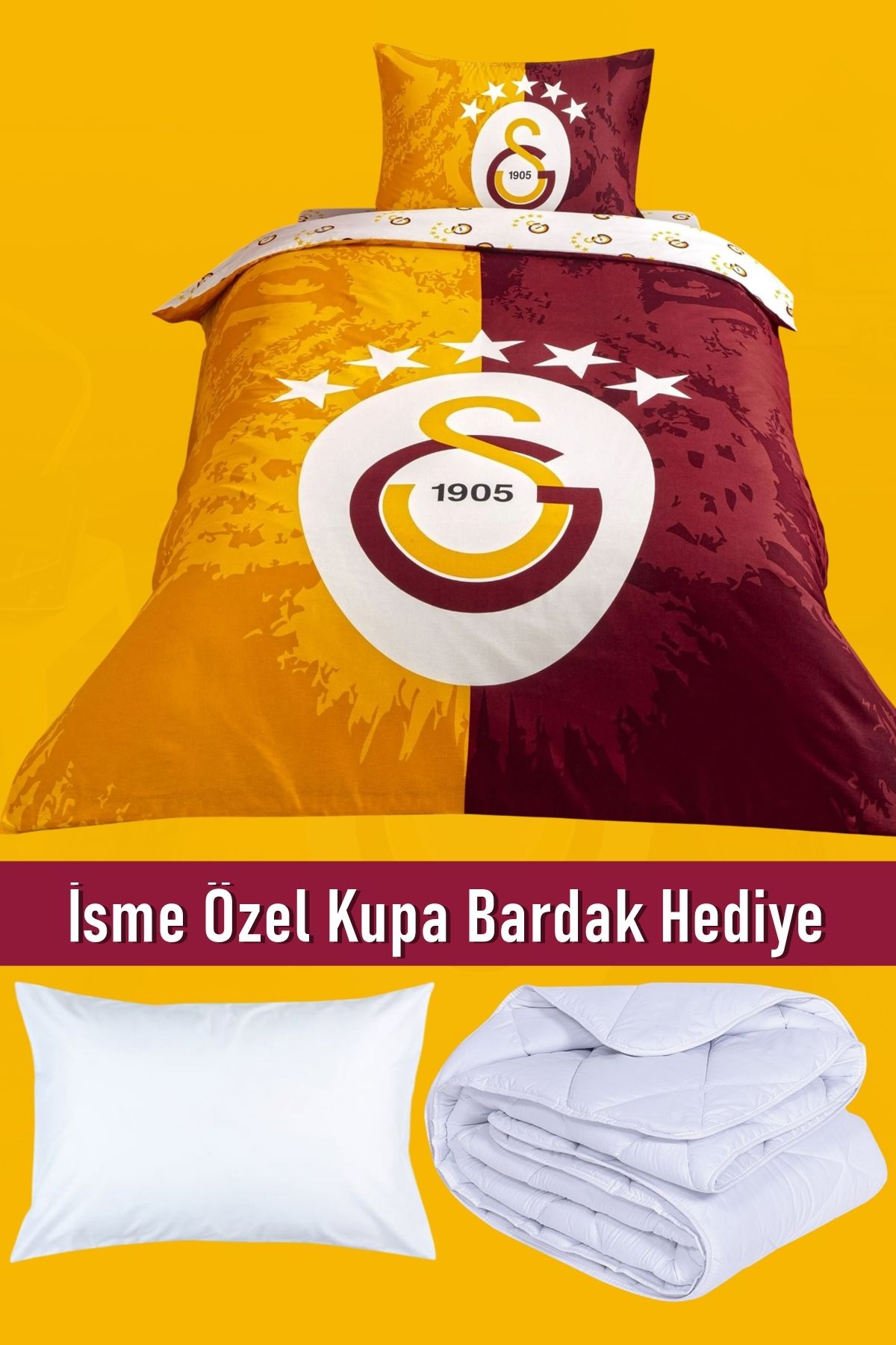 Taç Galatasaray 5 Yıldız 5'li Nevresim Takımı + İsme Özel Kupa Bardak Hediye
