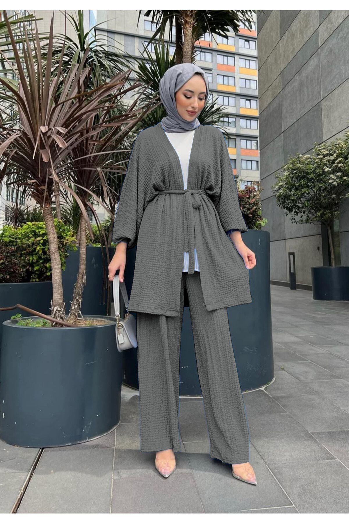 NİSUM MODA Gofre Dokulu Kuşaklı Hırka ve Pantolon İkili Takım