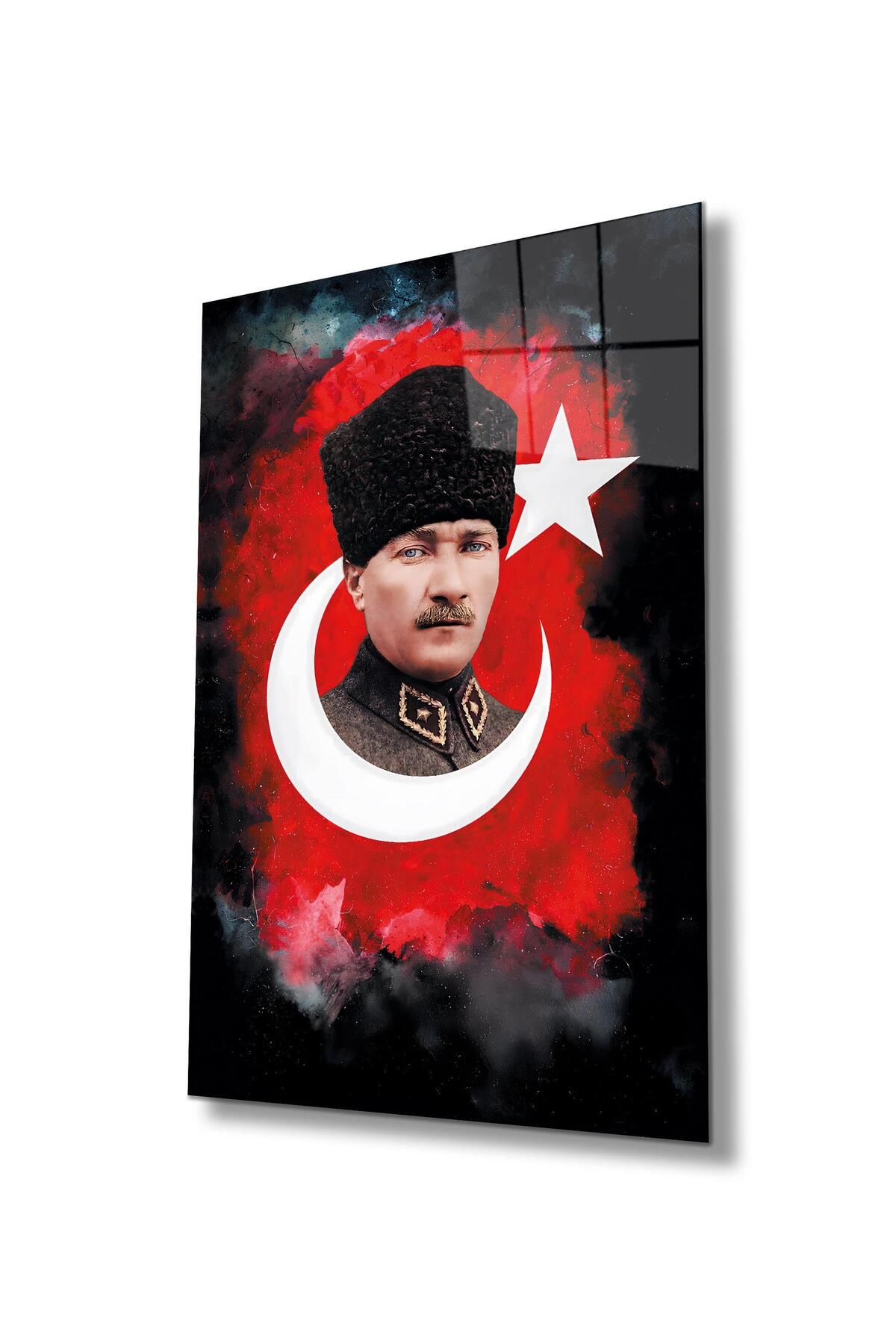 idealizbiz Atatürk Portre Cam Tablo Modern Ev Ofis Salon Hediyelik Büyük Tablo Duvar Dekoru