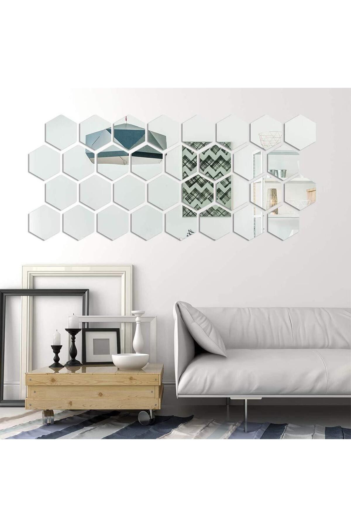 OEM-Set de 32 de oglinzi acrilice autoadezive, model hexagonal, 18,5x16x9,3 cm, argintii 5