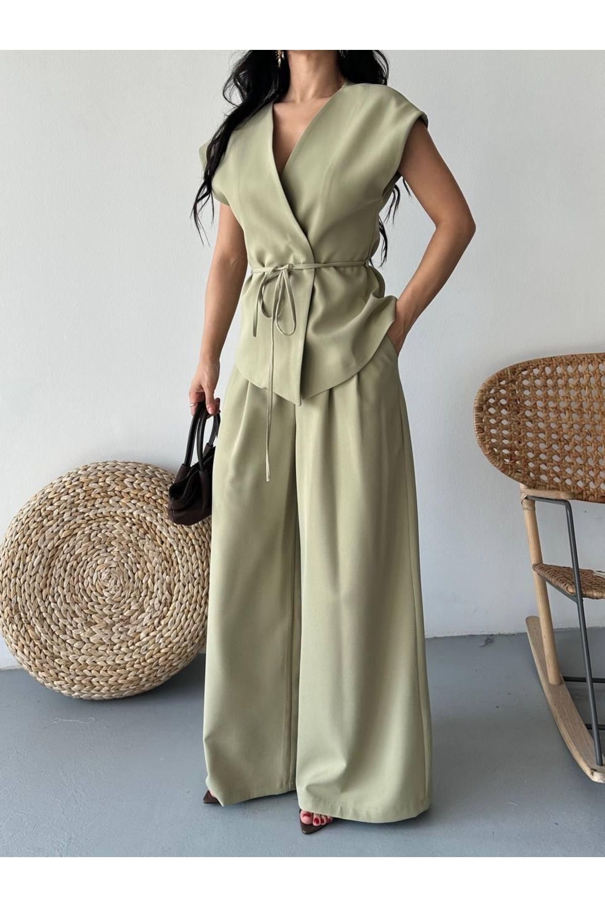 Ekim Store Asimetrik Yaka İp Bağlamalı İkili Blazer Takım
