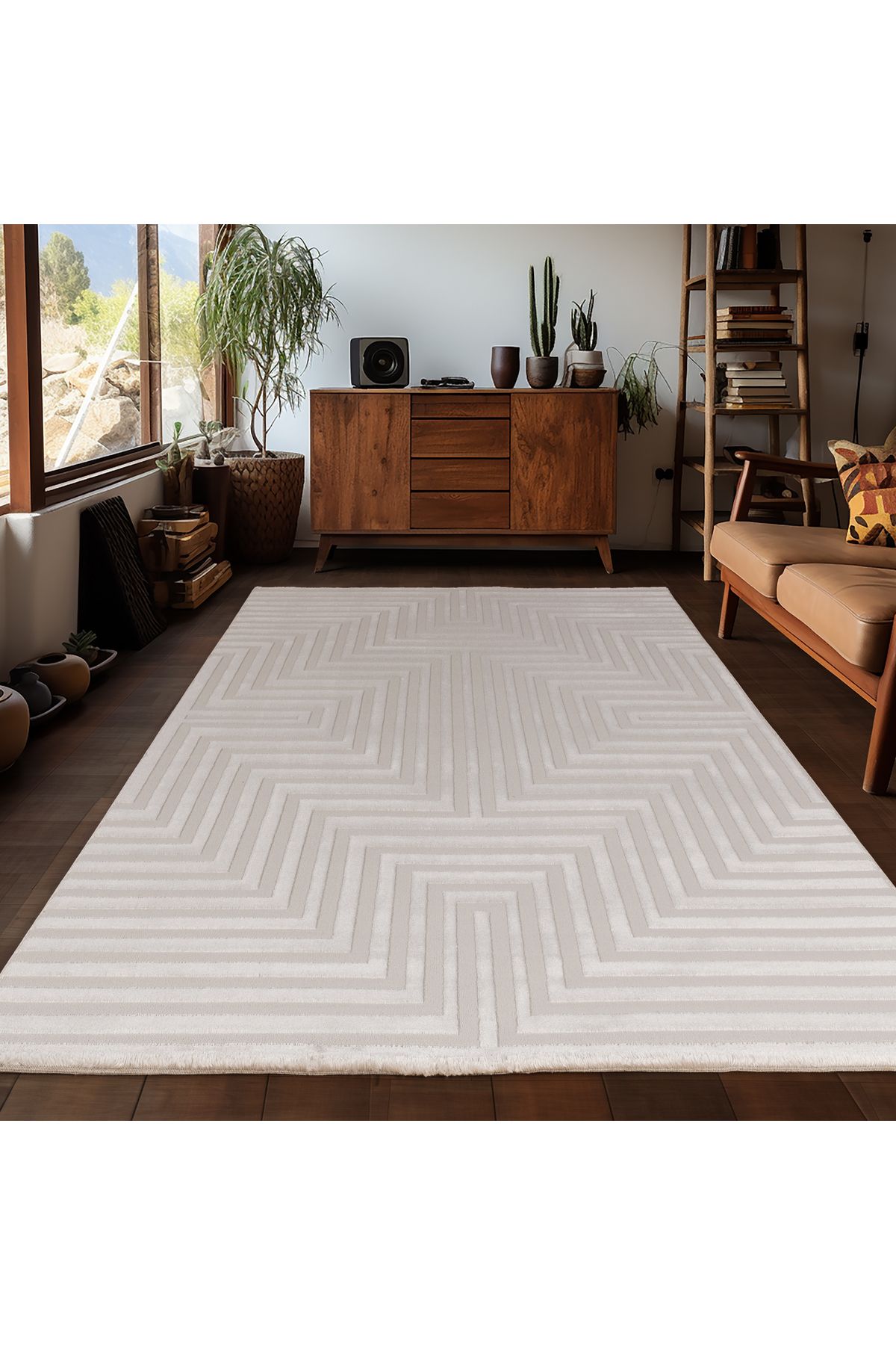 Karpetica Kabartma Motif Çizgi Desenli Salon Halısı İskandinav Bohem tarzı yumuşak Bej Dokuma Halı