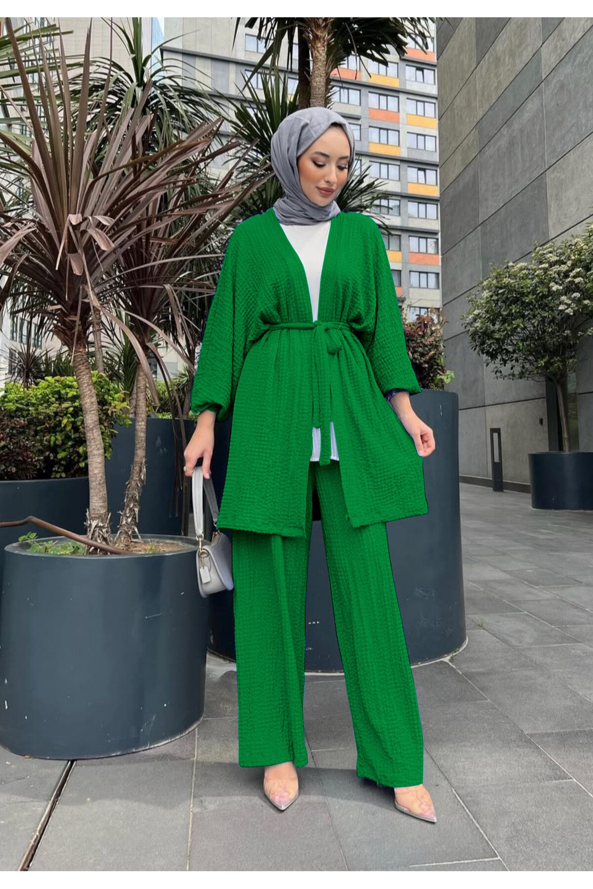 NİSUM MODA Gofre Dokulu Kuşaklı Hırka ve Pantolon İkili Takım