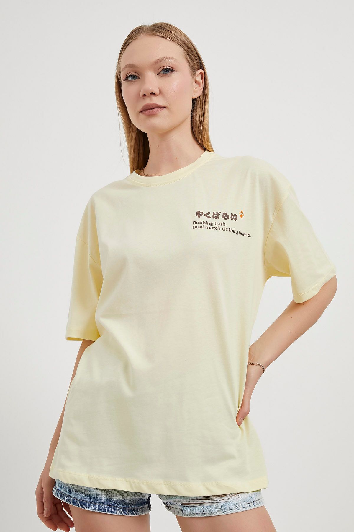 Arma Life ARMALIFE 2112 ÖN ARKA BASKILI KEDİ TEMALI OVERSIZE KADIN T-SHIRT