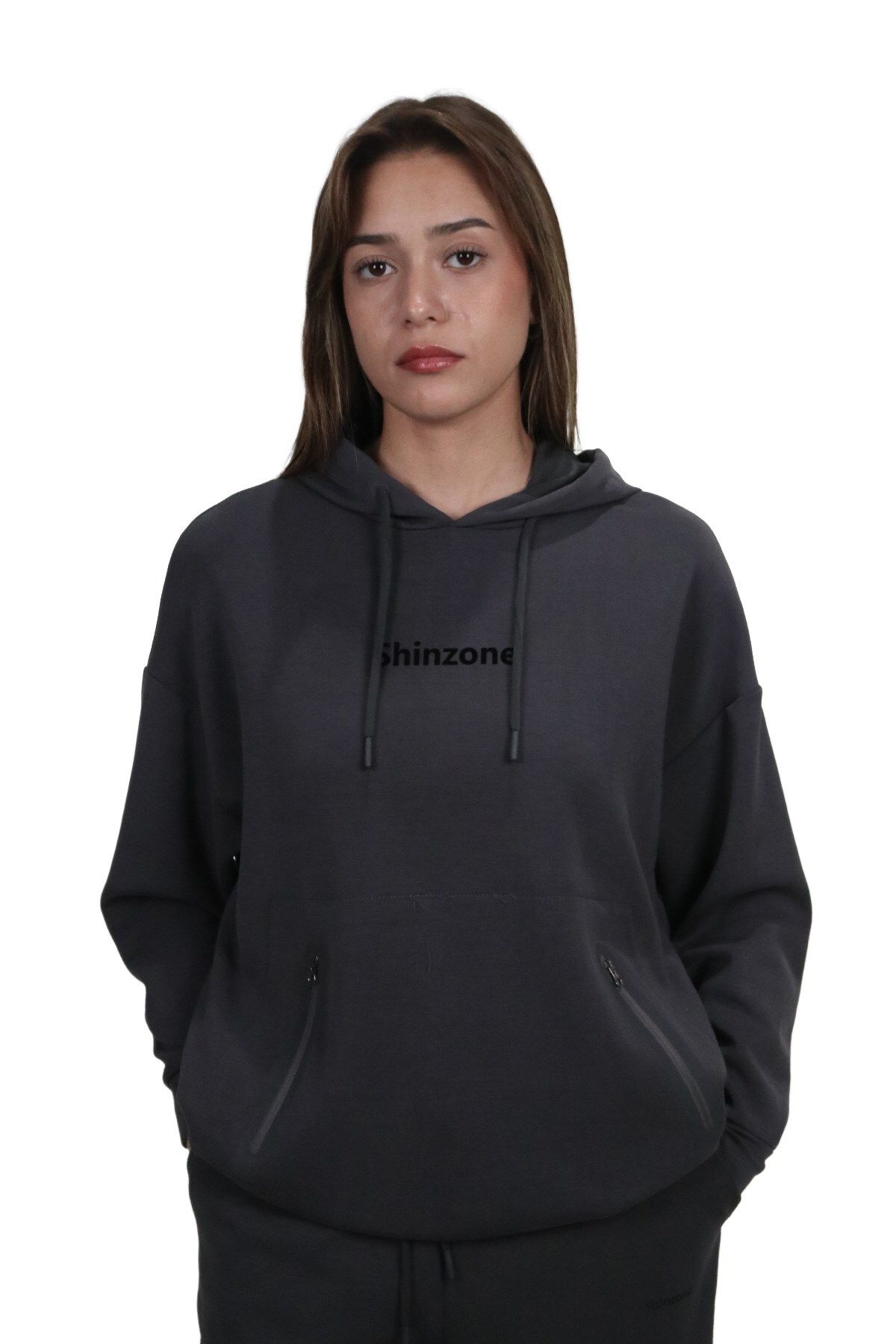 Shinzone Kadın Yumuşak Dokulu Modal Kumaş Fermuar Cep Detaylı Rahat Kalıp Antrasit Kapüşonlu Sweatshirt