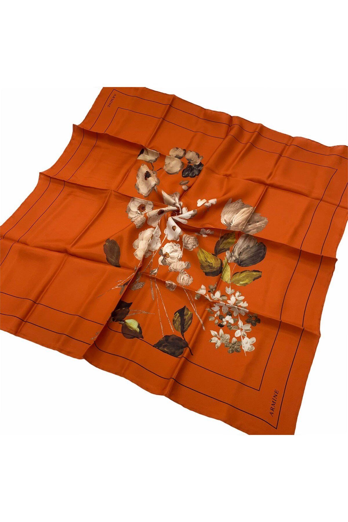 Armine Nostalji Serisi İpek Twill Eşarp 8128D-08 Çiçekli Desen TURUNCU