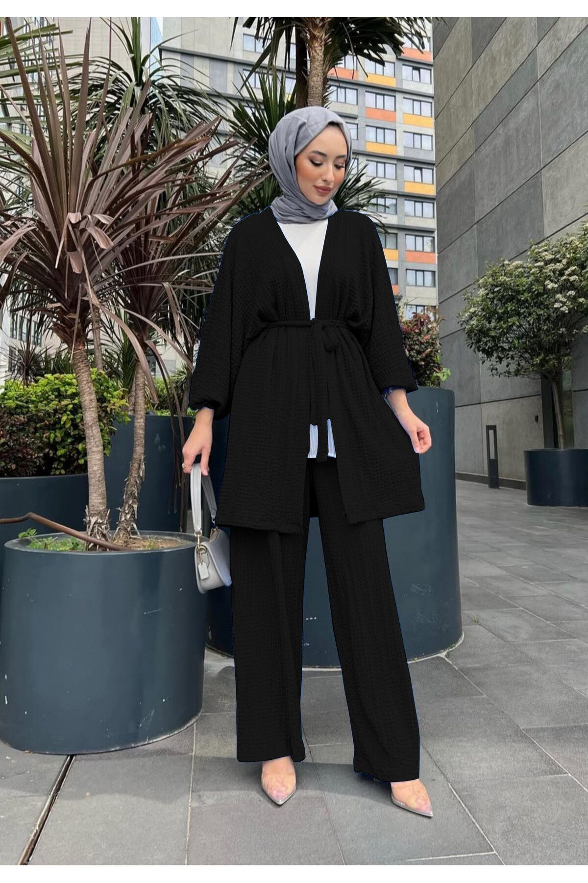 NİSUM MODA Gofre Dokulu Kuşaklı Hırka ve Pantolon İkili Takım