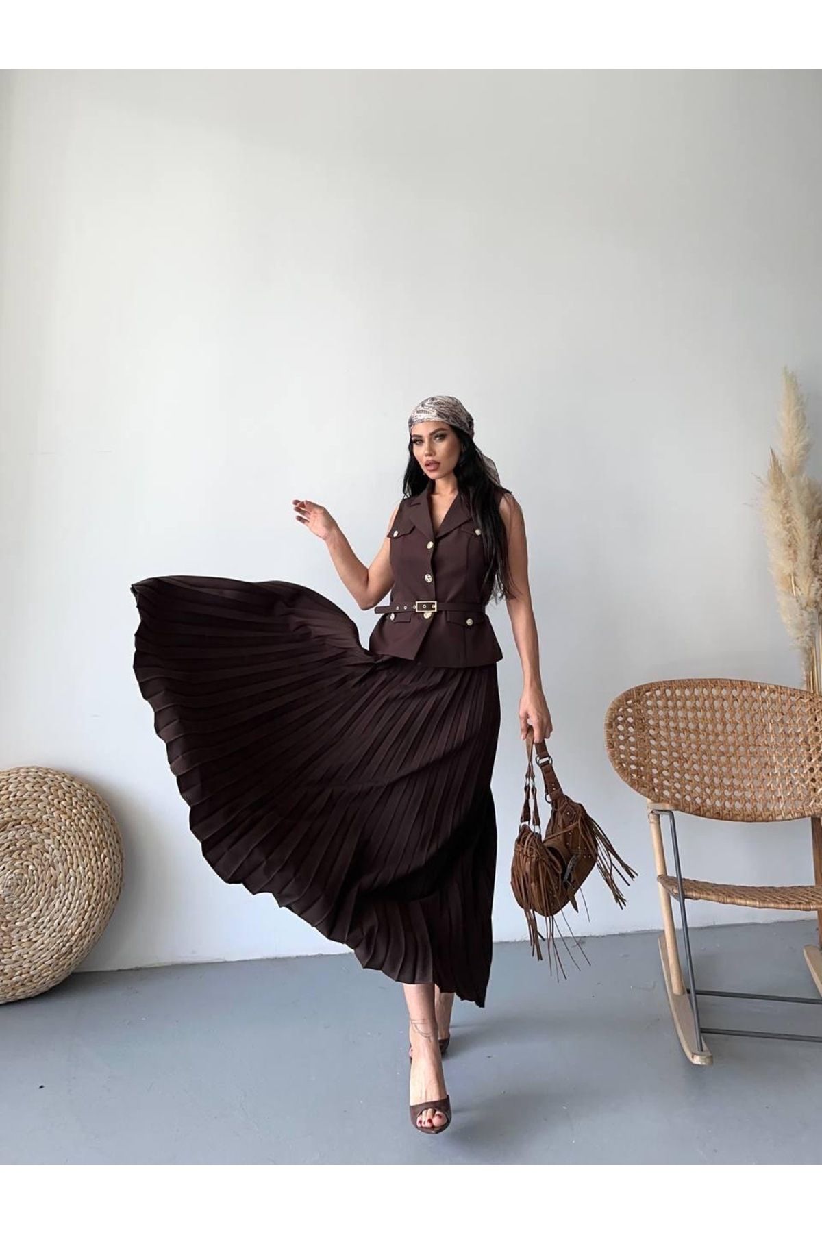 Ekim Store Pileli Yelekli Etekli İkili Blazer Takım