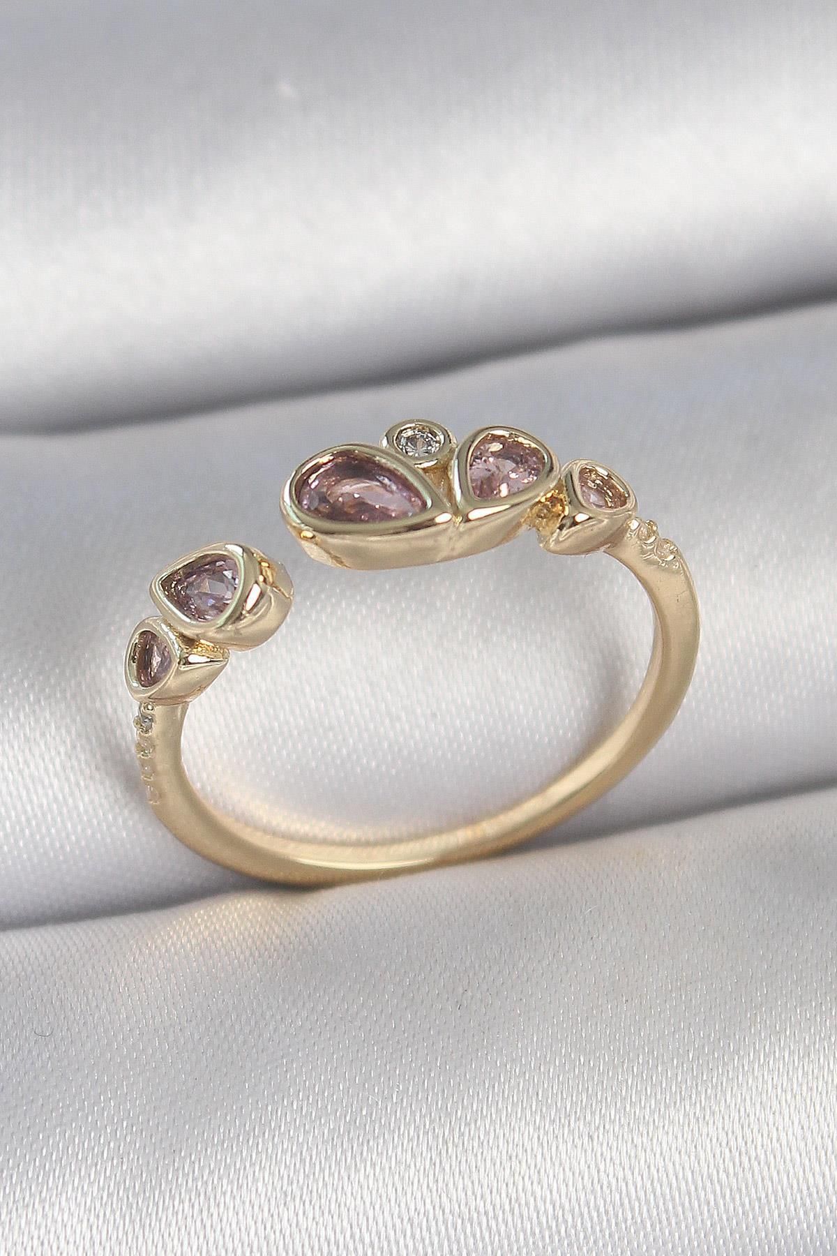 Celira Pirinç Gold Renk Pembe Damla Zirkon Taşlı Ayarlanabilir Kadın Yüzük