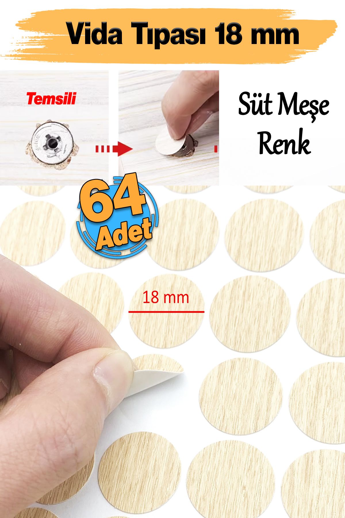 Badem10 Yapışkanlı 1.8 cm (64 Adet) Süt Meşe Rengi Mobilya Delik Deliği Kapatıcı Vida Tapası Tıpası
