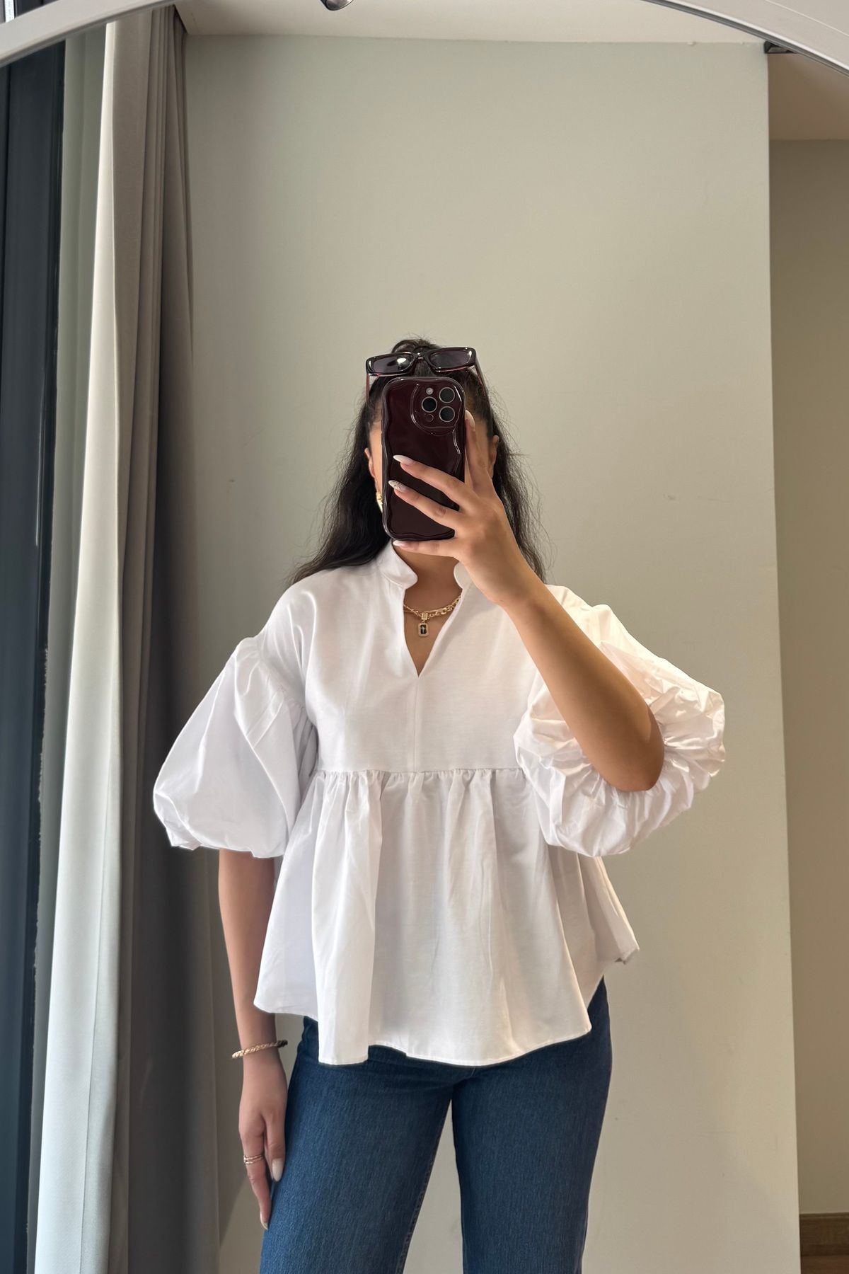 Güneş Kadın Balon Kol V Yaka Oversize Poplin Bluz - Gömlek