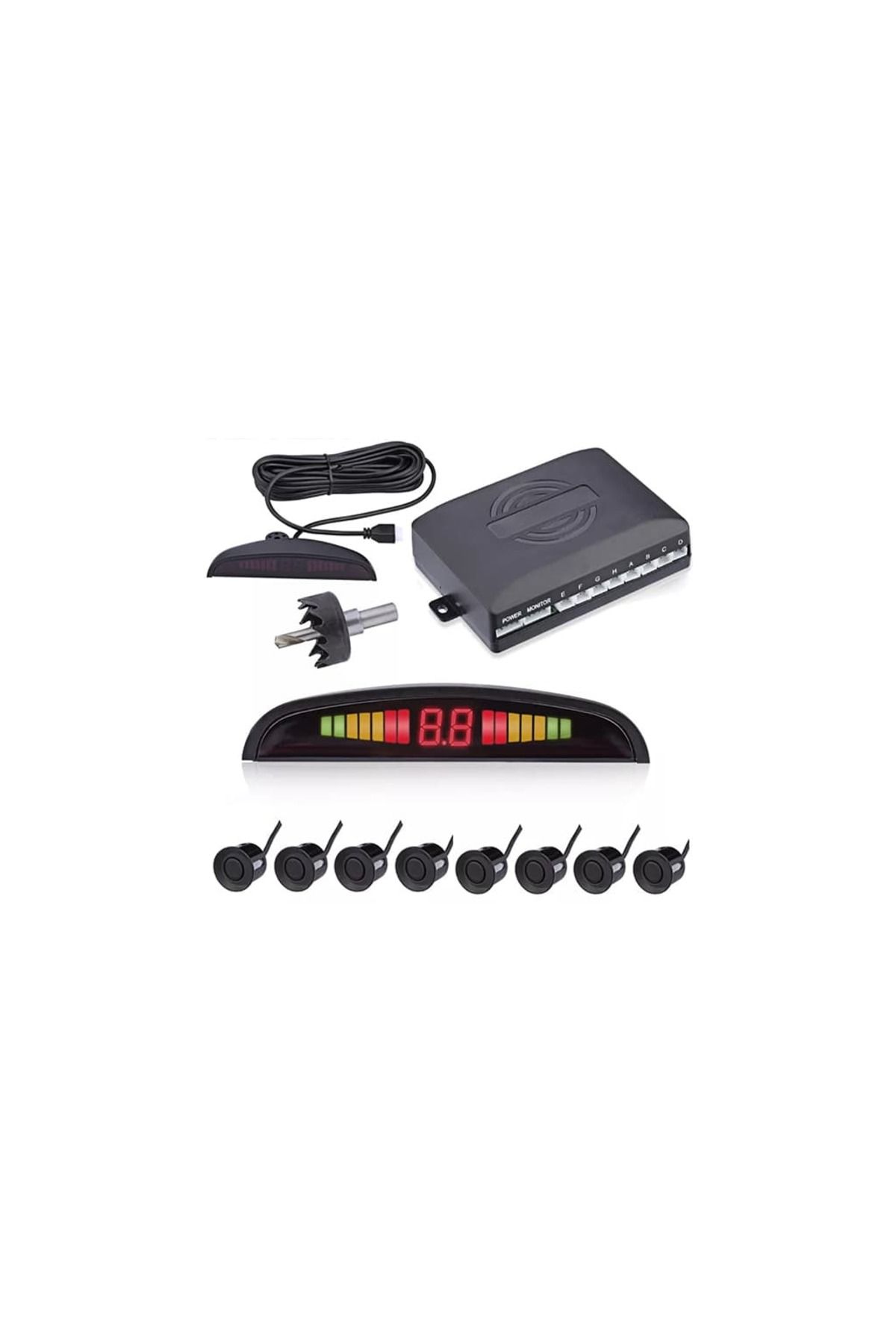 AUTOREY-Black front+rear parking sensors with 8 sensors, display and audible warning 4