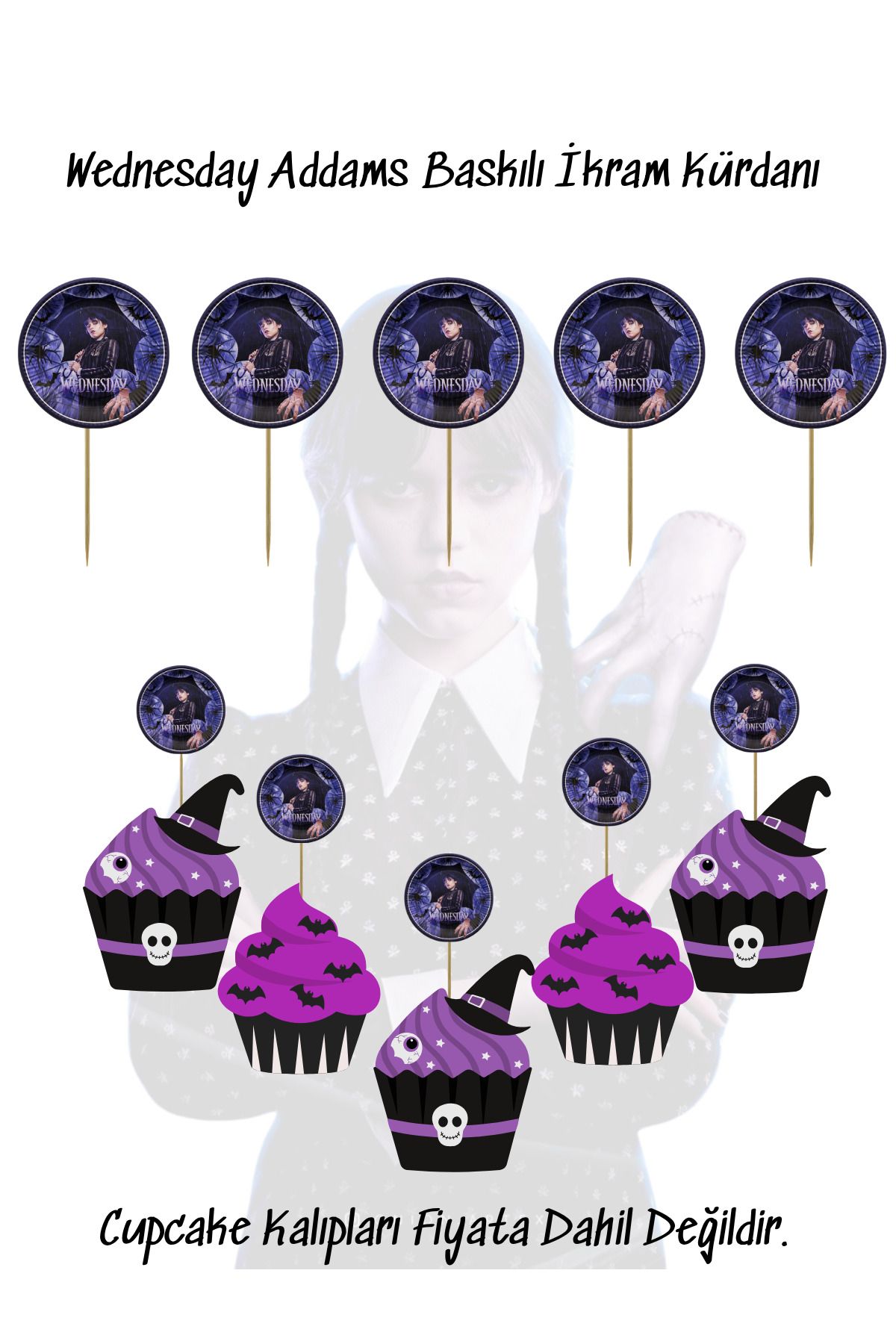 snowparty Wednesday Addams Temalı Baskılı İkram Kürdanı Doğum Günü Süsü