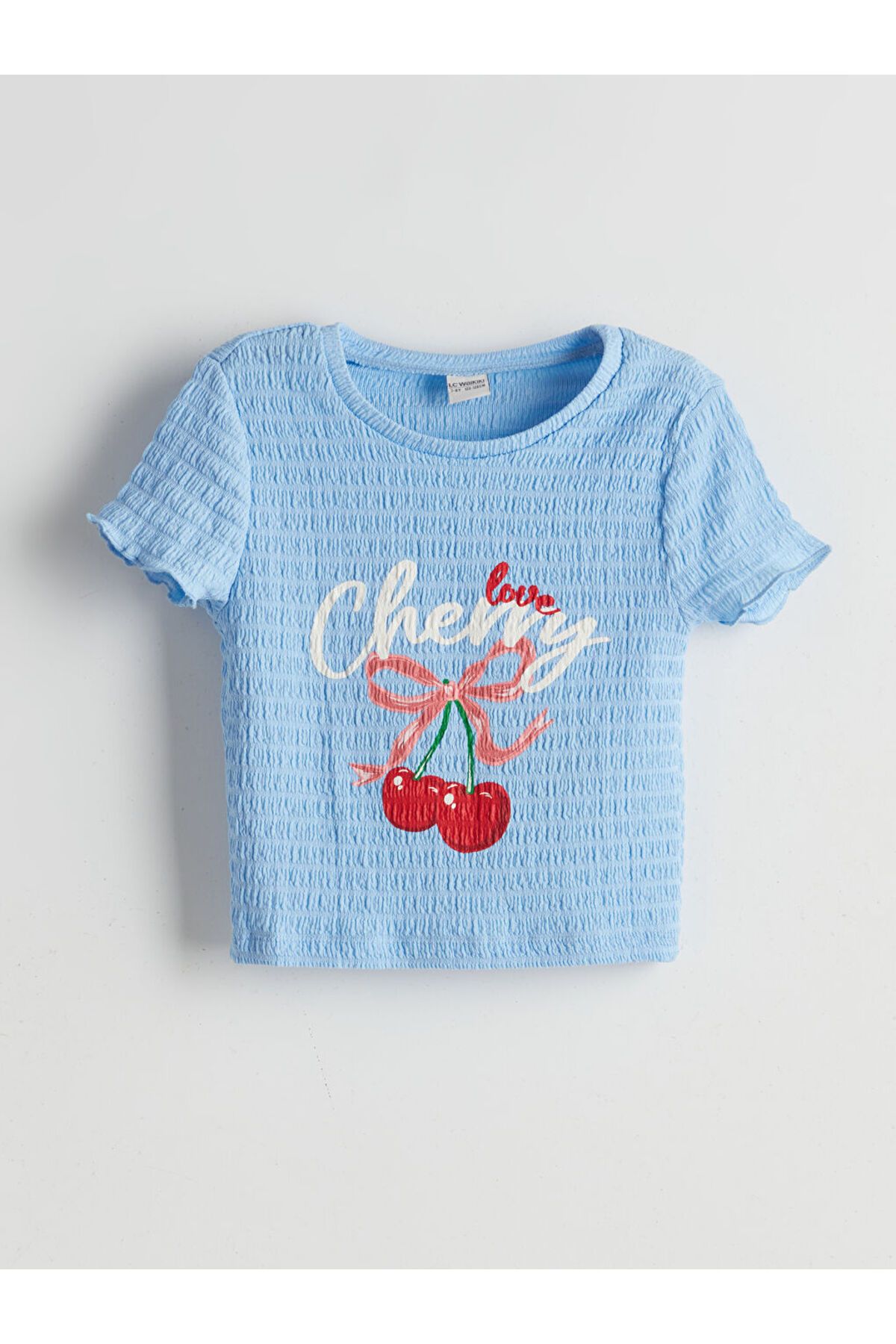 LC Waikiki Yeni Sezon Bisiklet Yaka Kiraz Baskili Kiz Cocuk Crop Tisort - S5BK09Z4