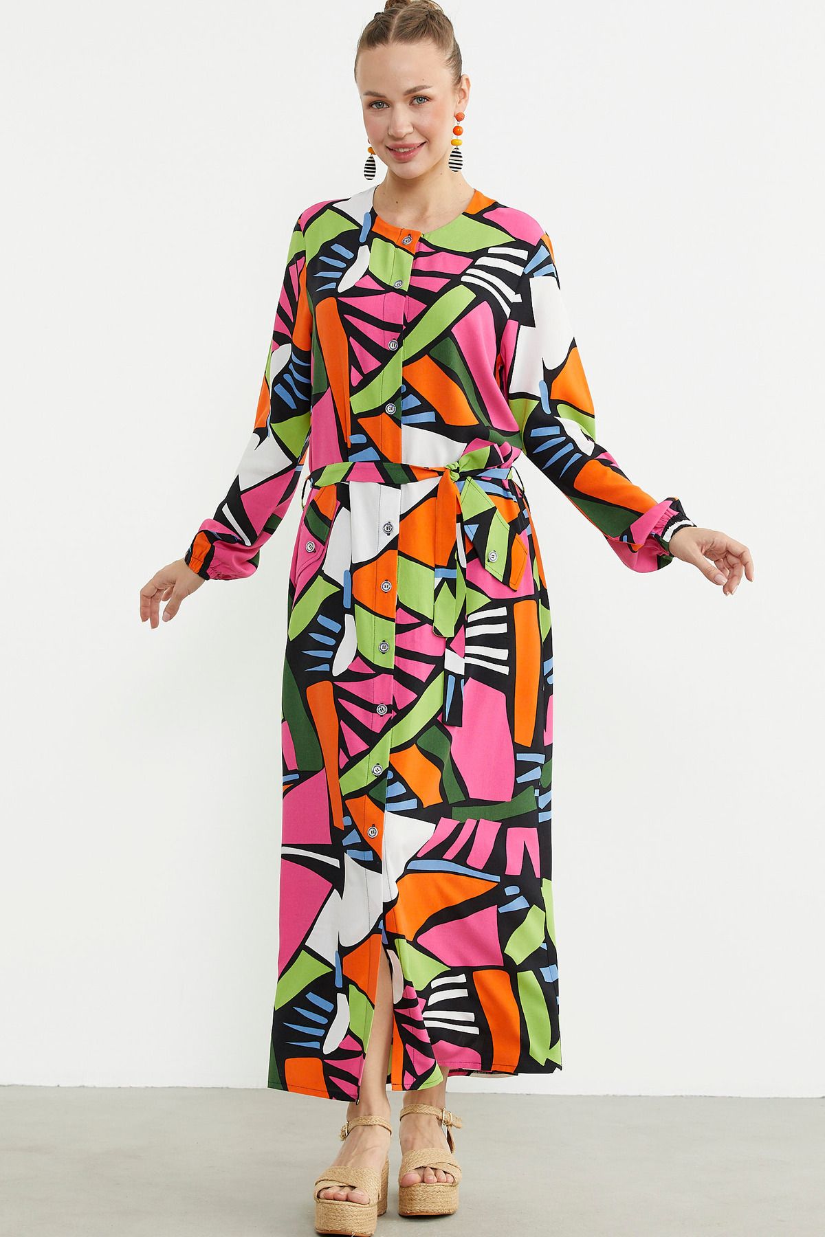 Sementa-Plus Size Geometric Patterned Long Dress - Fuchsia 1
