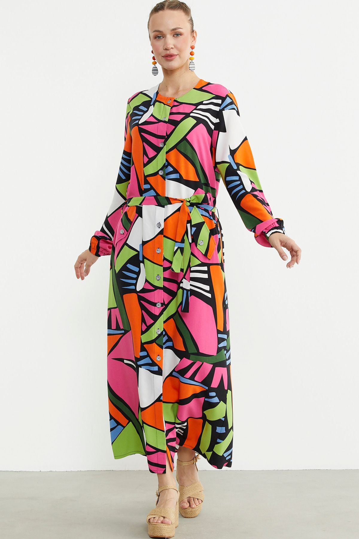 Sementa-Plus Size Geometric Patterned Long Dress - Fuchsia 2