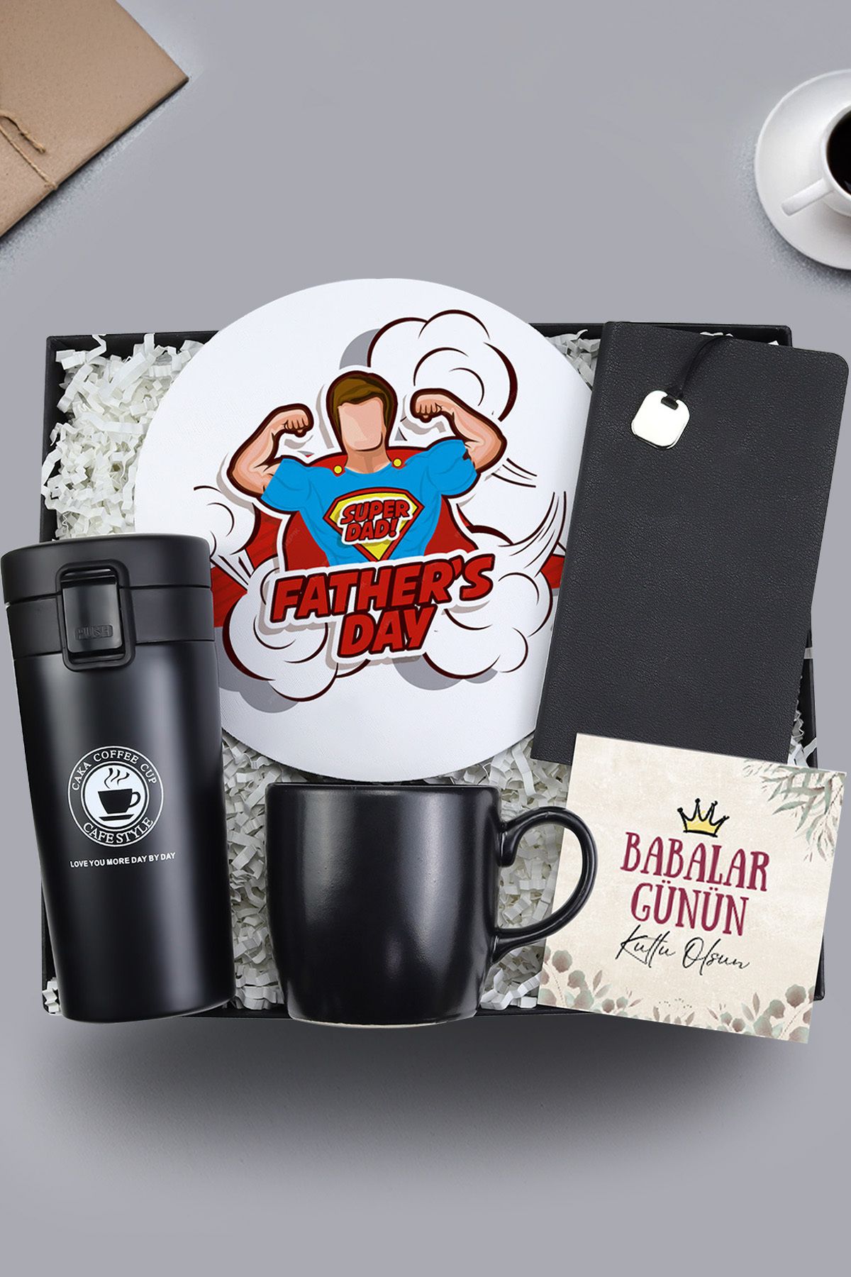 Trendmiya Kilitli Termos & Mousepad & Yumuşak Kapaklı Not Defteri & Siyah Kupa Babalar Günü Hediye Seti