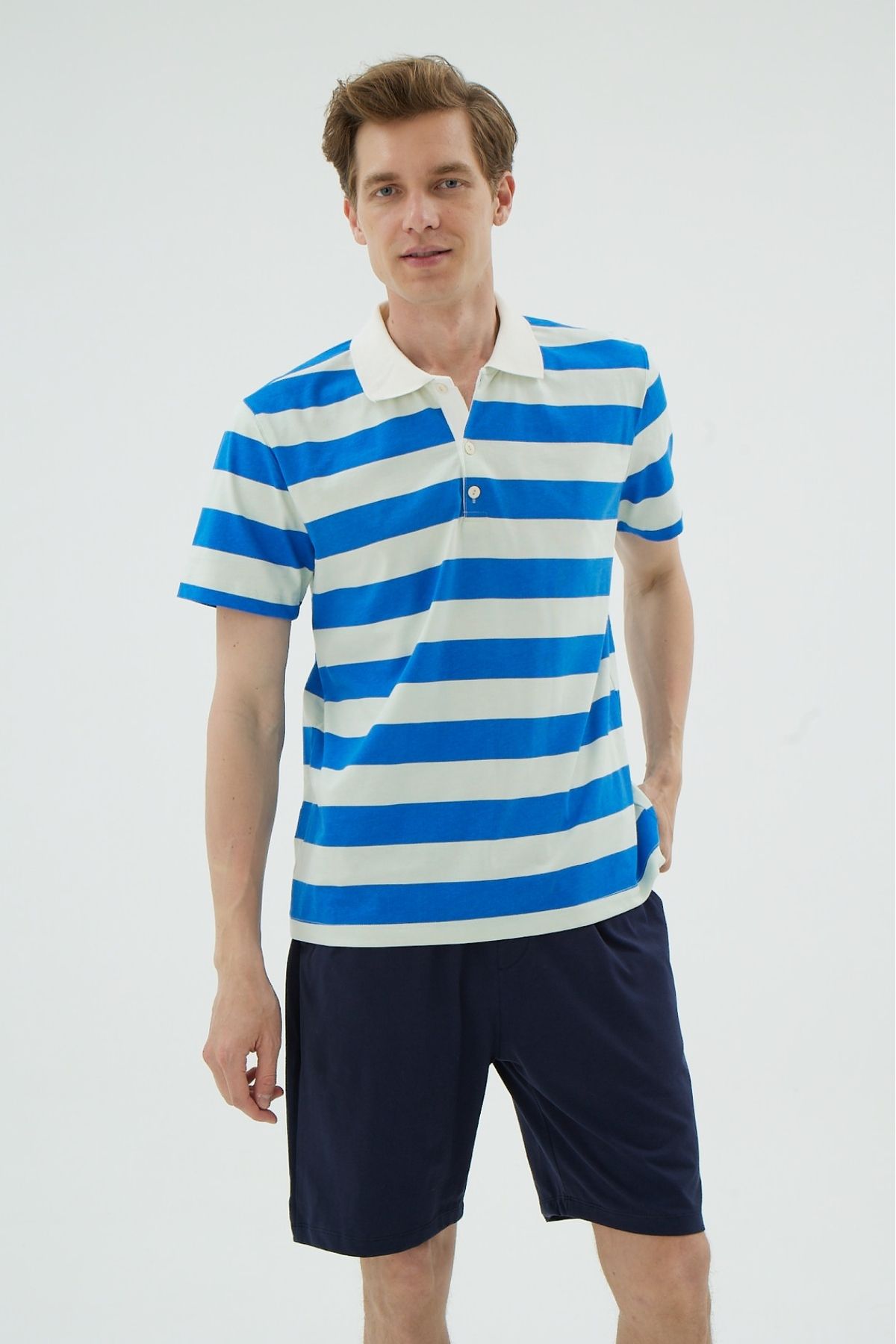 İPEKTENİM Bej/Mavi Renk Bloklu Polo Yaka Şort Pijama Takımı