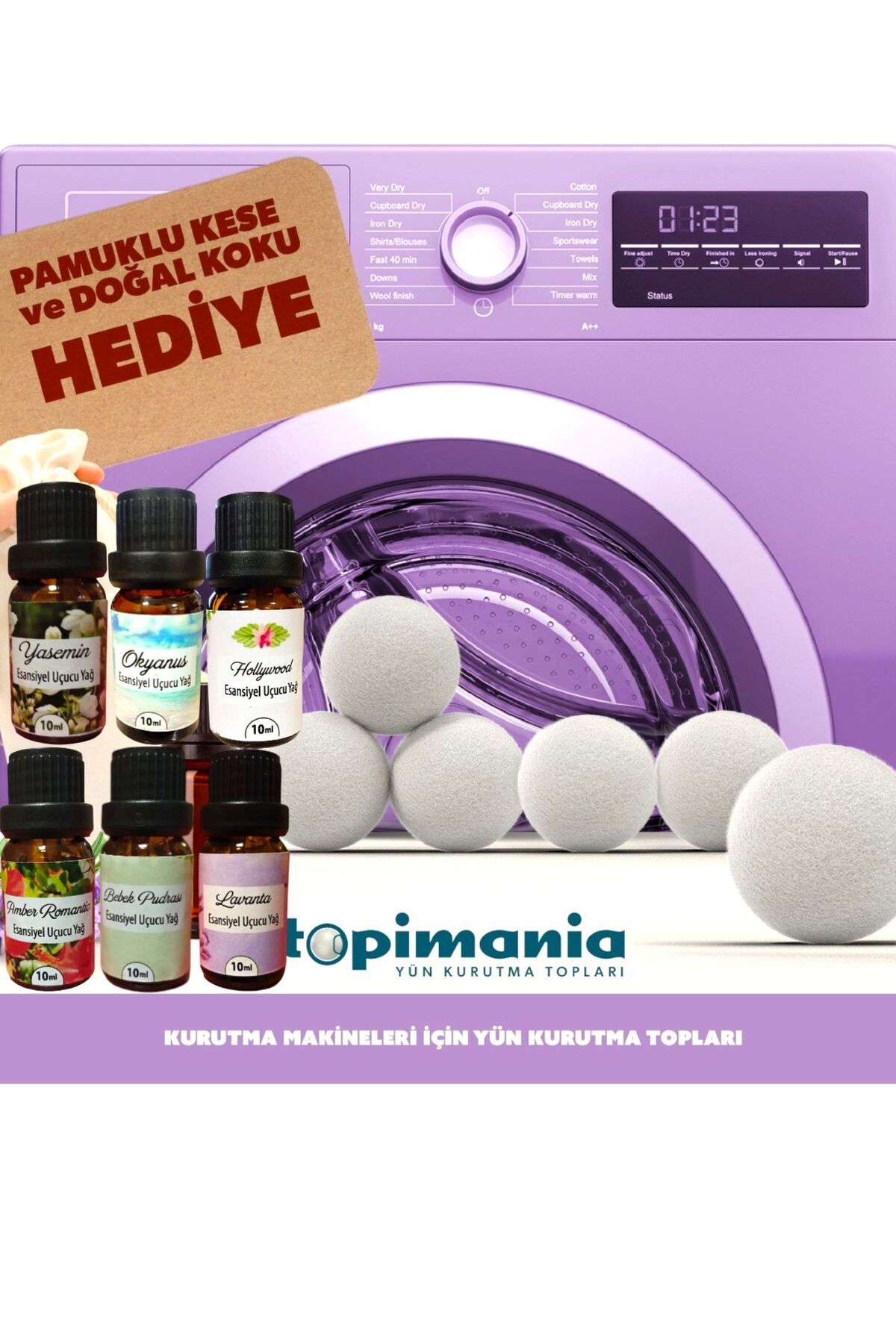 Topimania Yün Kurutma Topları 6 Adet Xxl Doğal Yerli Üretim Çamaşır Yün Kurutma Topu 6 Adet 10 ml Esans - Kurutma Makinesi Için