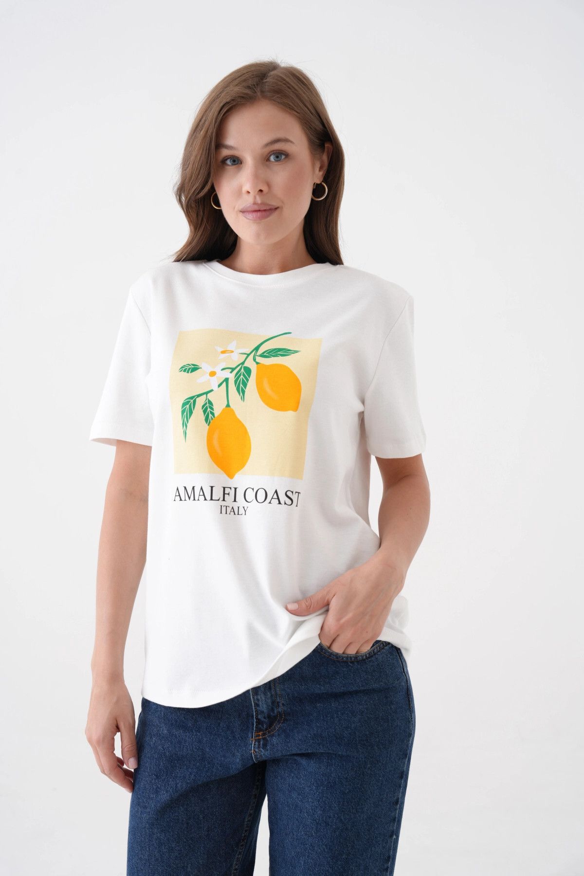 Park Karon Kadın Bisiklet Yaka Baskılı Yazlık Basic T-Shirt