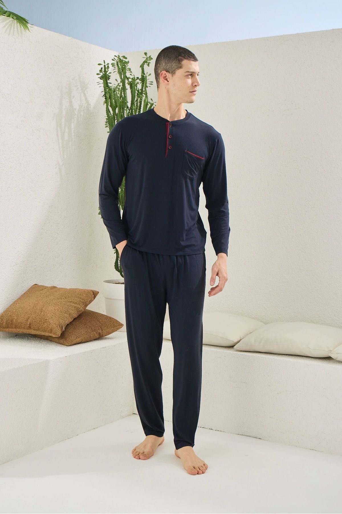 Modafiks Kocabey 9220 Erkek Midi Yaka Uzun Kol Pijama Takım - Lacivert - XL