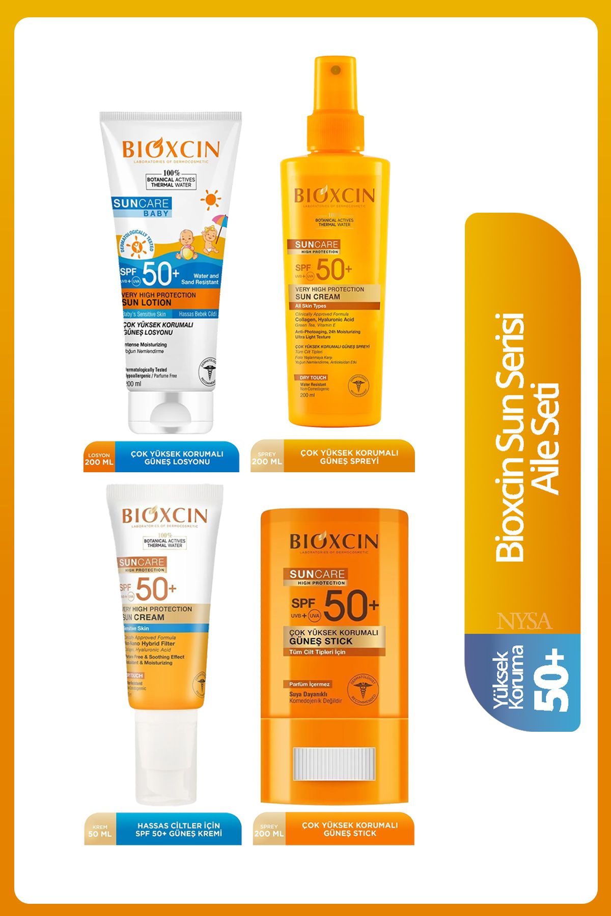 Bioxcin Sun Care AileSeti 4'lü-Yüksek SPF Yetişkin+Çocuk Güneş Kremi+Güneş Spreyi+Hassas Bölgeler İçin Stick
