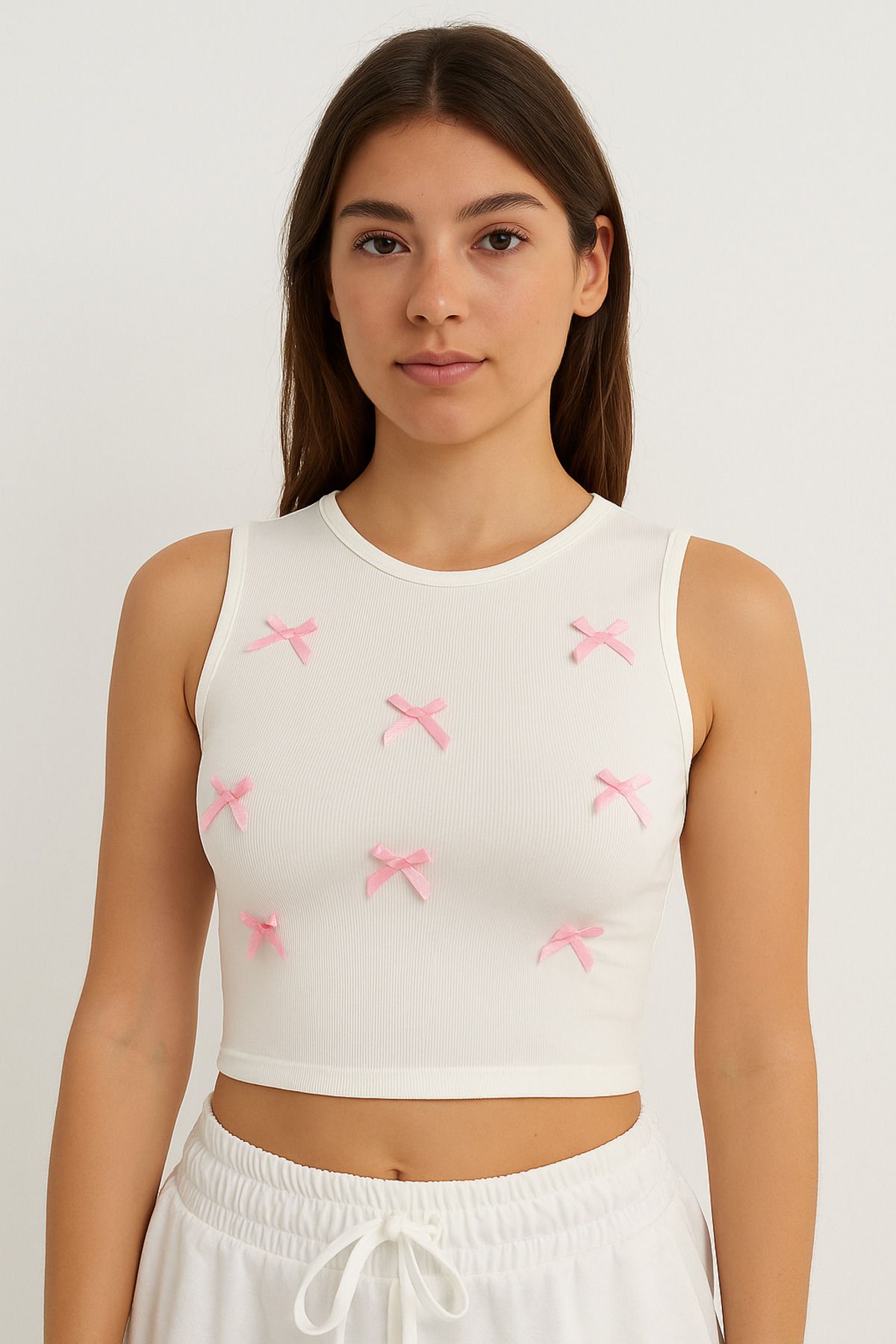 BELISTIL Beyaz Ottoman/Fitilli Fiyonklu Crop Atlet Bluz