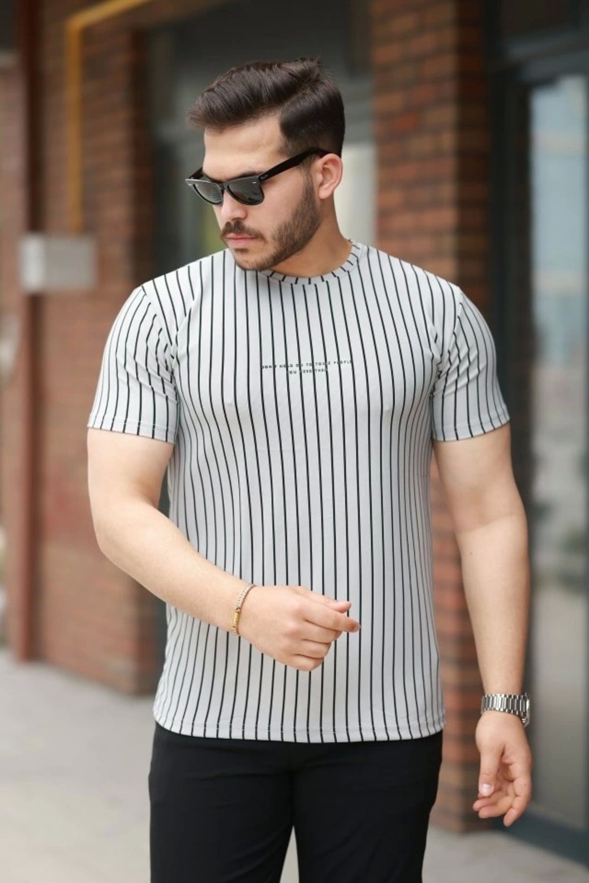 Butik Erkek Dikey çizgili Ottoman Kumaş Kısa Kollu Tişört