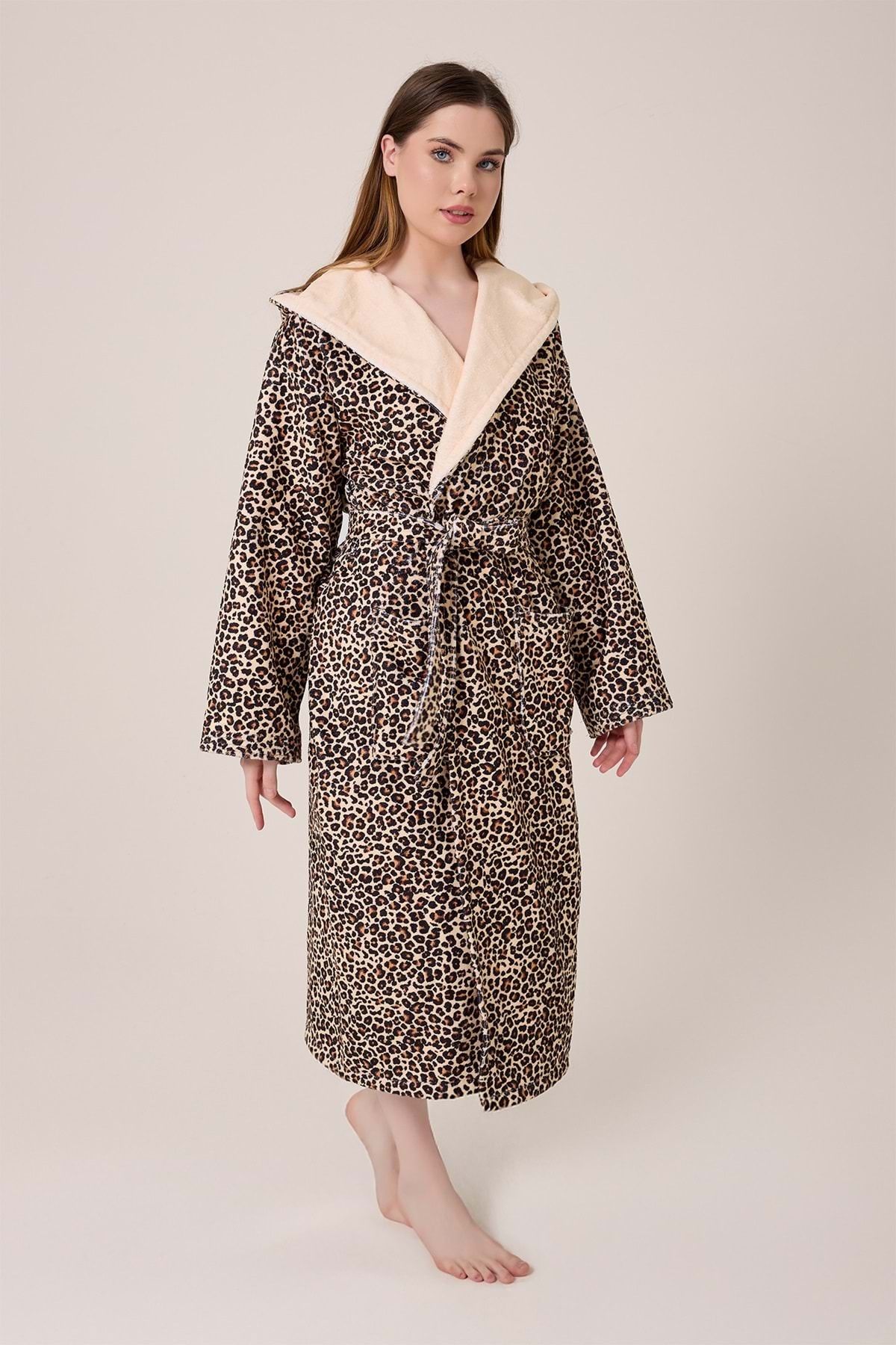 VEVİEN HOME-Leopard Patterned Digital Printed Hooded Bathrobe 4