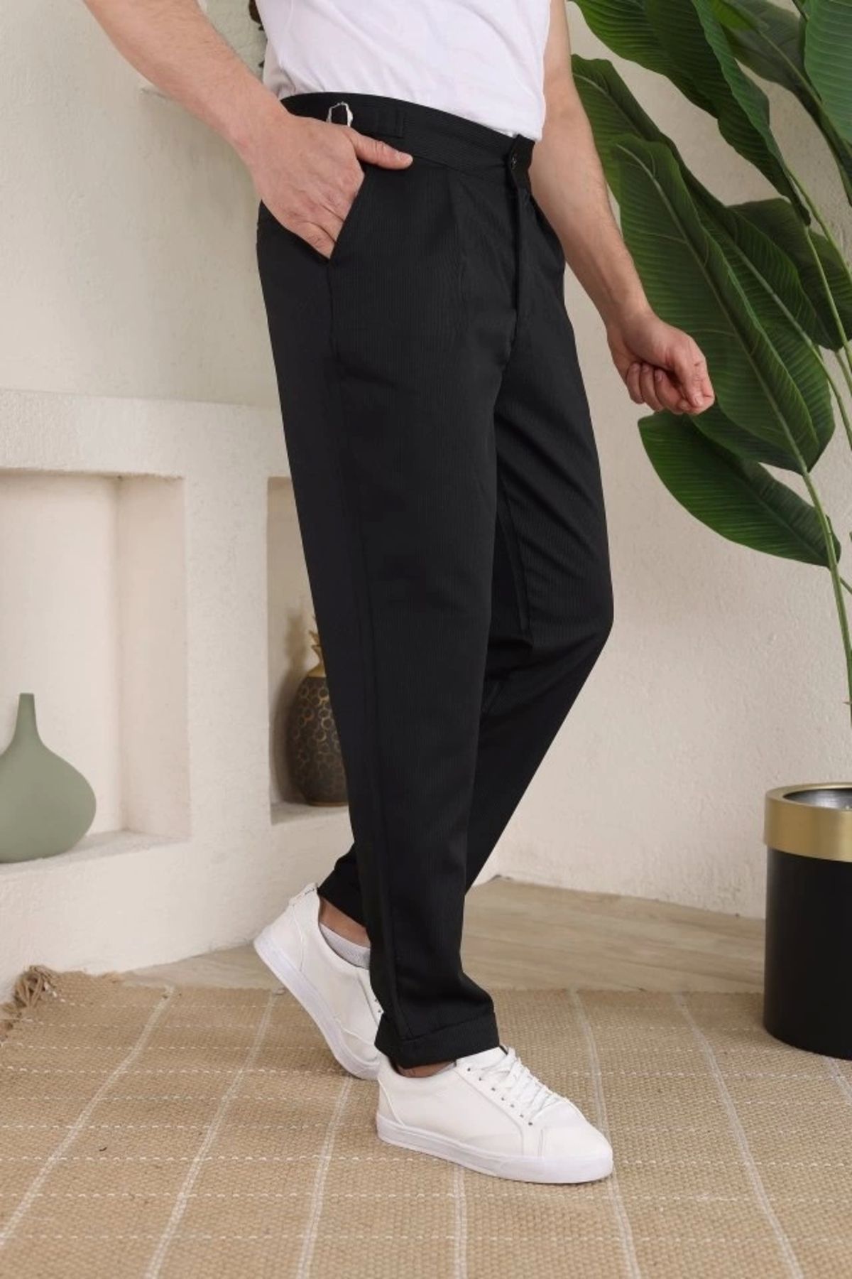 Butik Erkek Duble Paça Yandan Tokalı Cord Desenli Old Money Pantolon