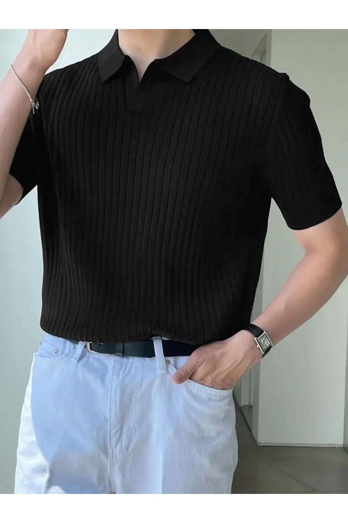Butik Erkek Kısa Kollu Yakalı çizgi Desenli Triko Bluz