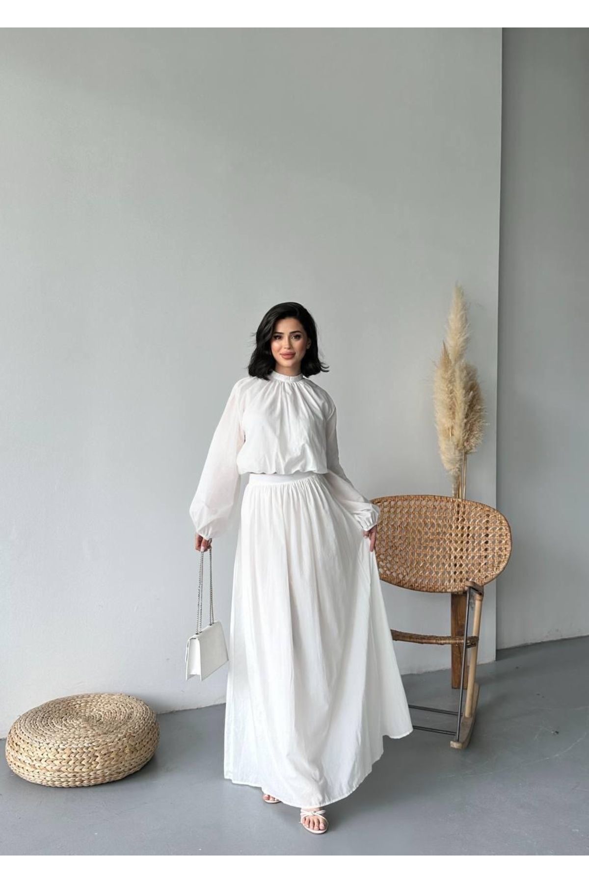 Ekim Store Büzgülü Bluz Etek İkili Blazer Takım