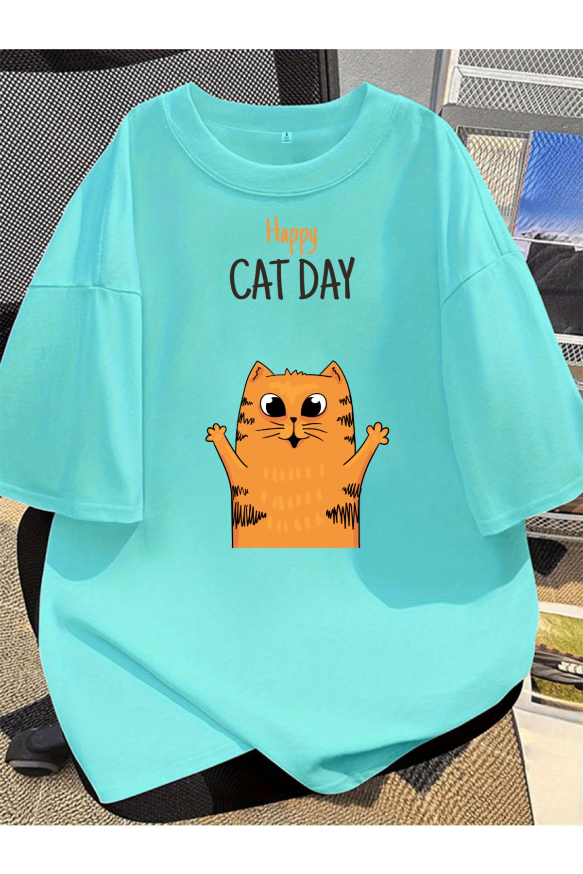 aynewmoda Büyük Beden Kayık Yaka (Cat) Baskılı Oversize %100 Pamuk T-shirt