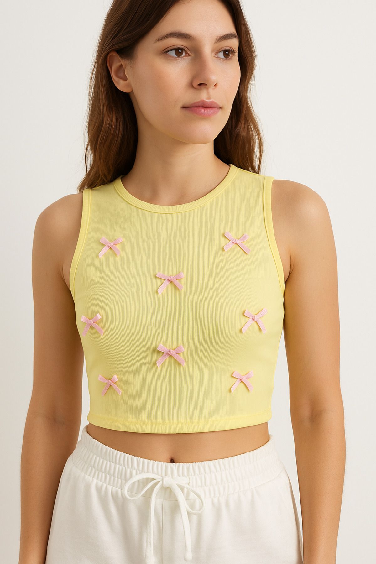 BELISTIL Sarı Ottoman/Fitilli Fiyonklu Crop Atlet Bluz