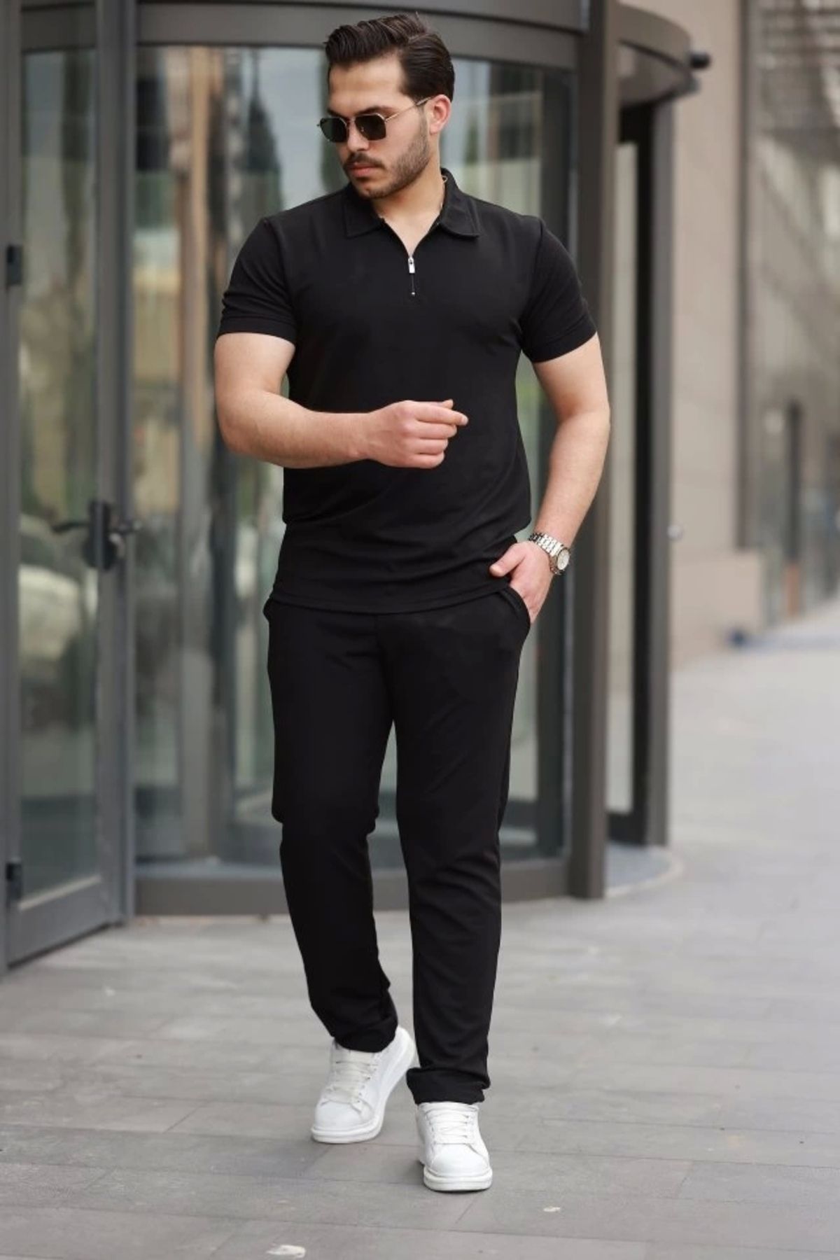 Butik Erkek Yakalı Fermuarlı T-shirt Pantolon Ikili Rahat Takım