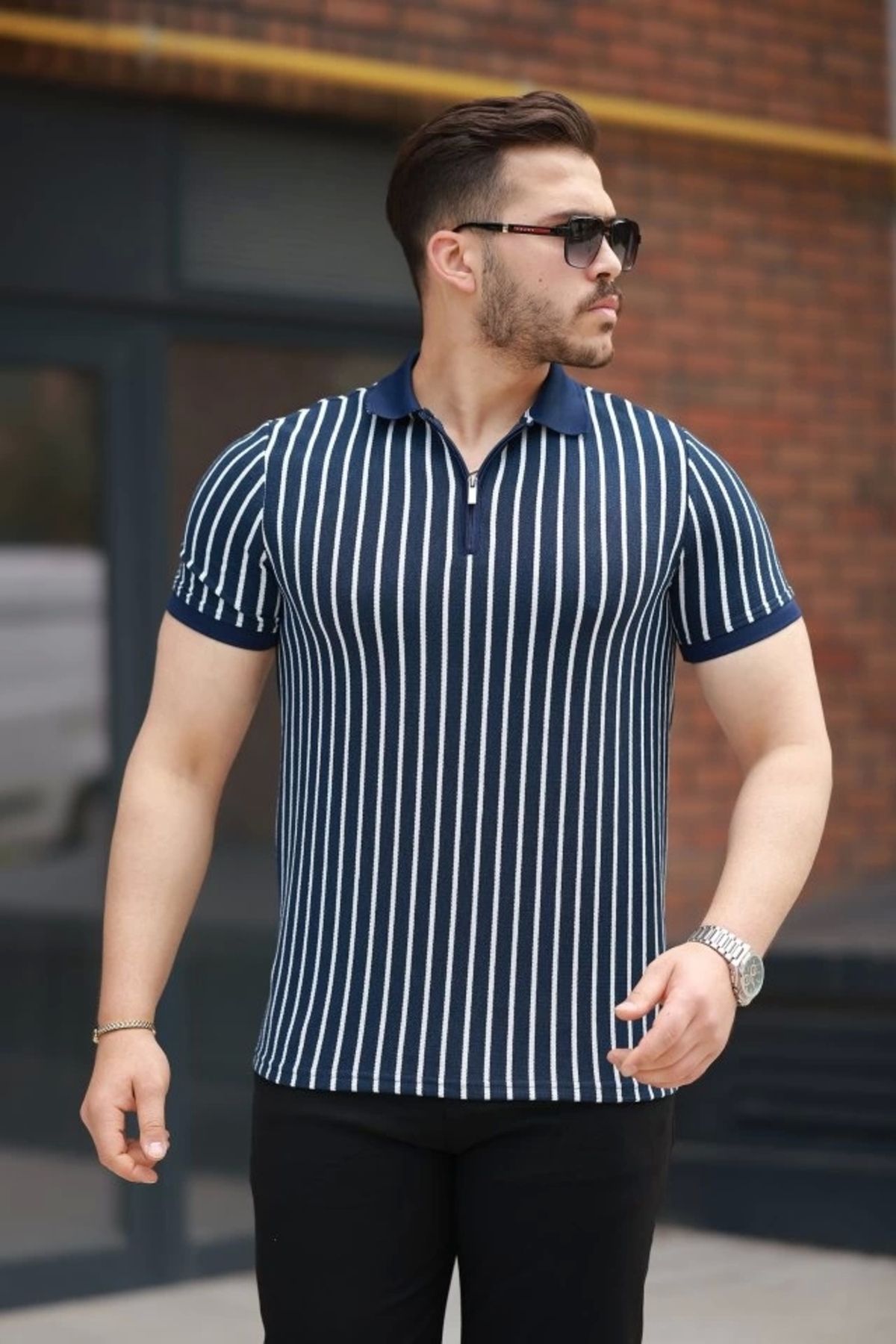 Butik Erkek çizgili Fermuar Yakalı Kısa Kollu Tişört