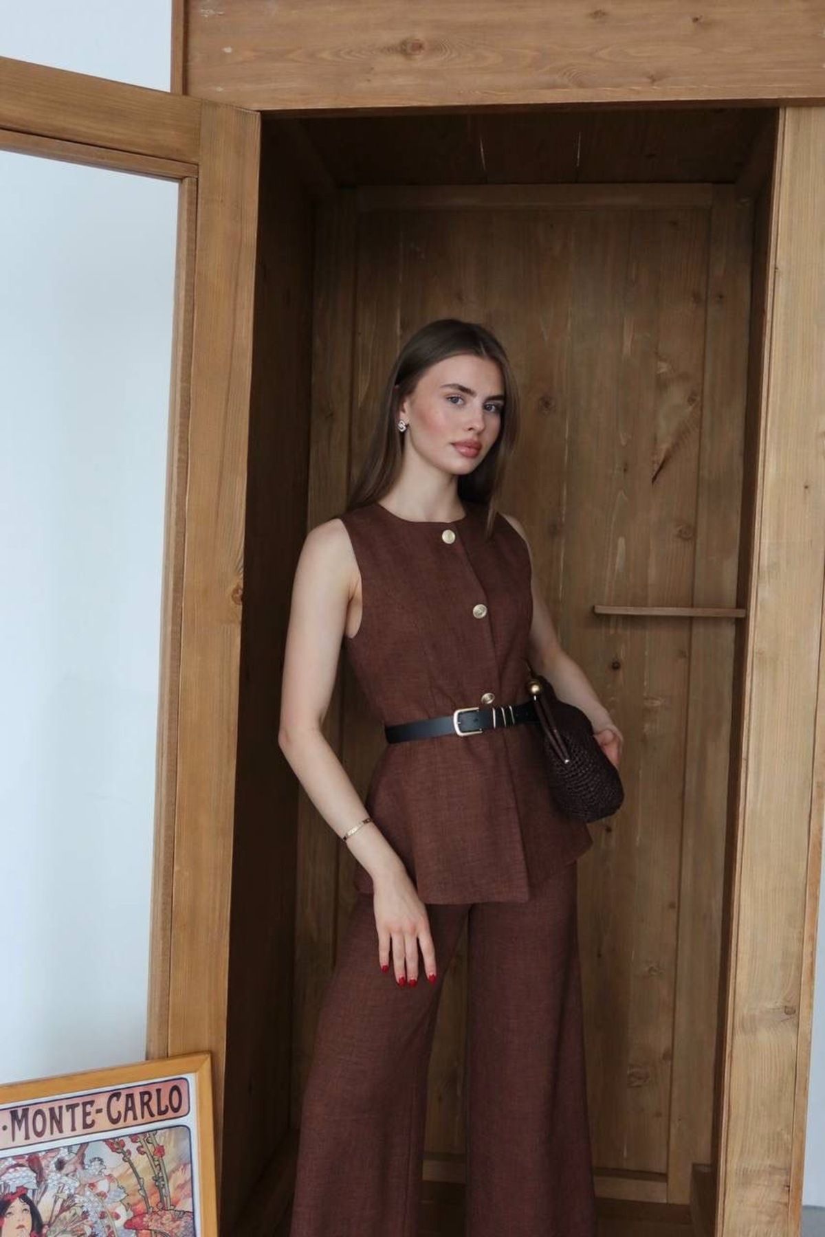 Ekim Store Keten Kemerli Yelekli Blazer Takım