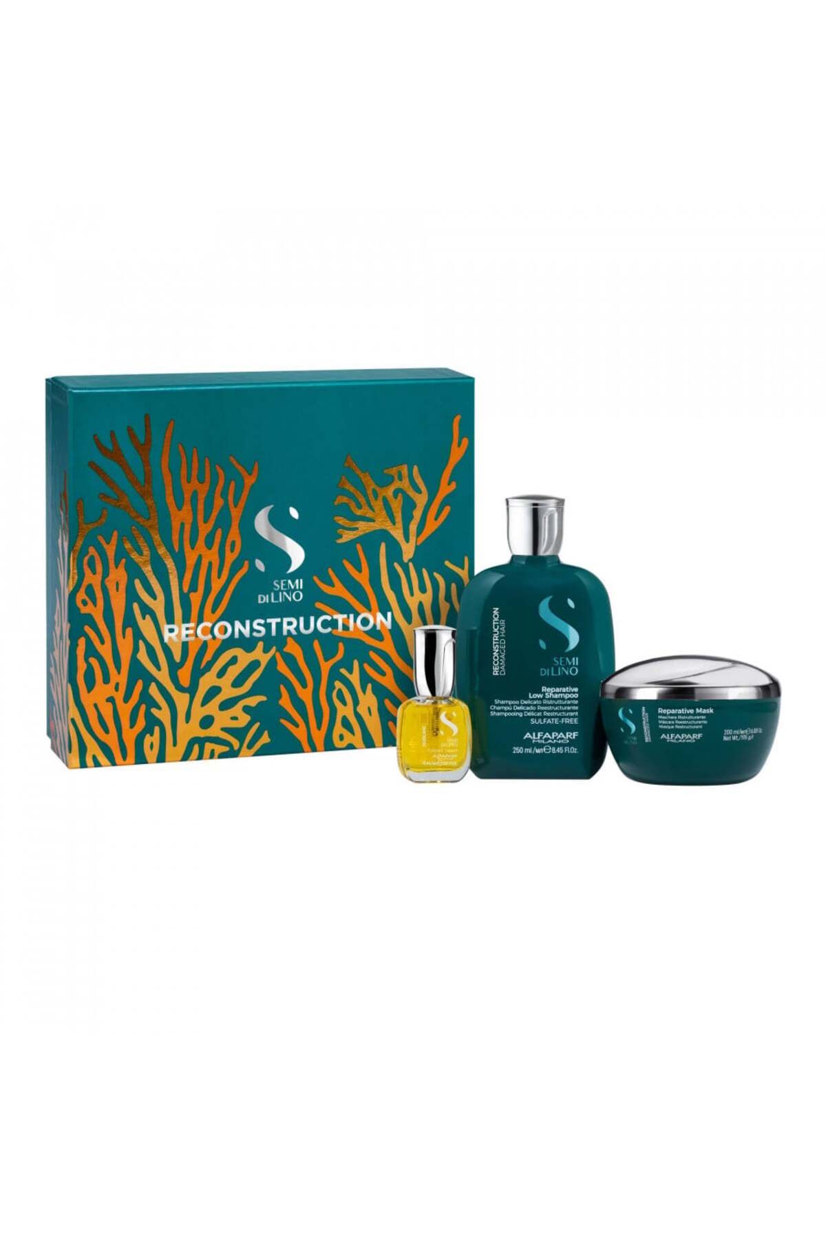 Alfaparf Milano-Set reconstrucție Alfaparf Semi Di Lino cu șampon 250 ml + mască 200 ml + ulei de strălucire 15 ml, set 1
