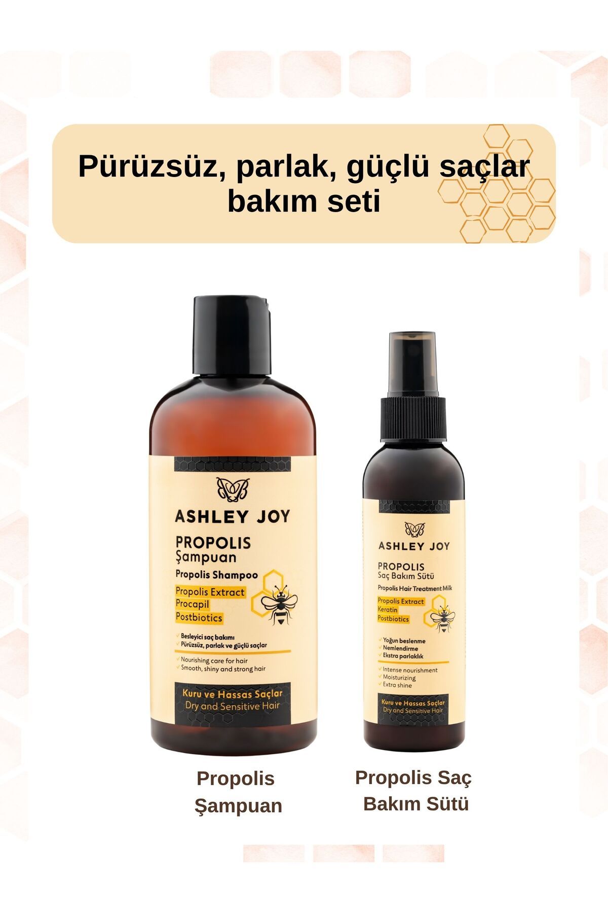 ASHLEY JOY Kuru Ve Hassas Saçlar Için Parlaklık Veren Ekstra Nem Işıltısı 2’li Propolis Seti