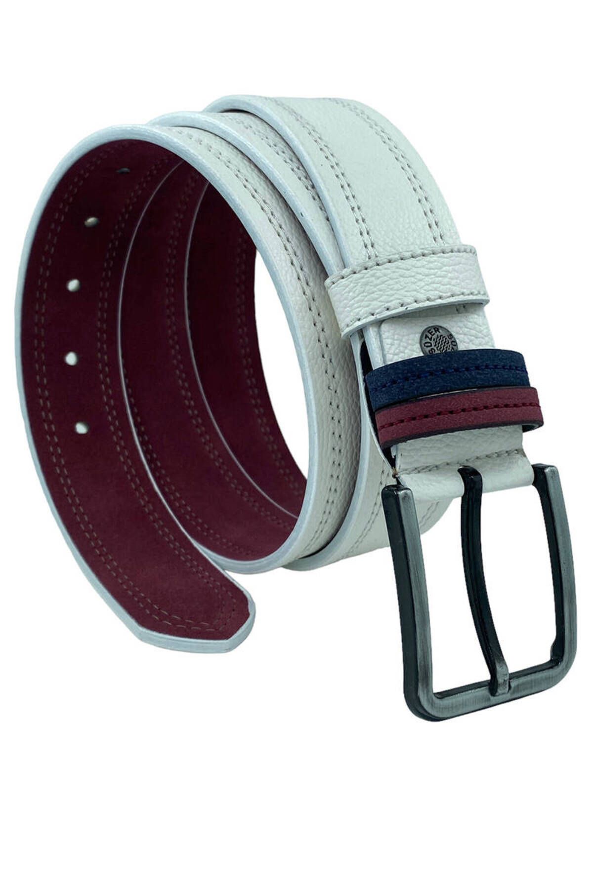 S.S SÜZER DERİ Beyaz Suni Deri Çift Dikişli Model 4 cm.lik Unisex Spor Kemer