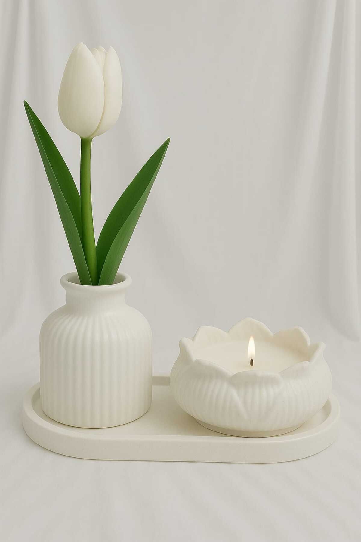 SerenityHaven El Yapımı Taş Tozundan ,vazo, Tepsi, Lotus Mumluk , Yapay Islak Beyaz Lale , Kokulu Soyamum,