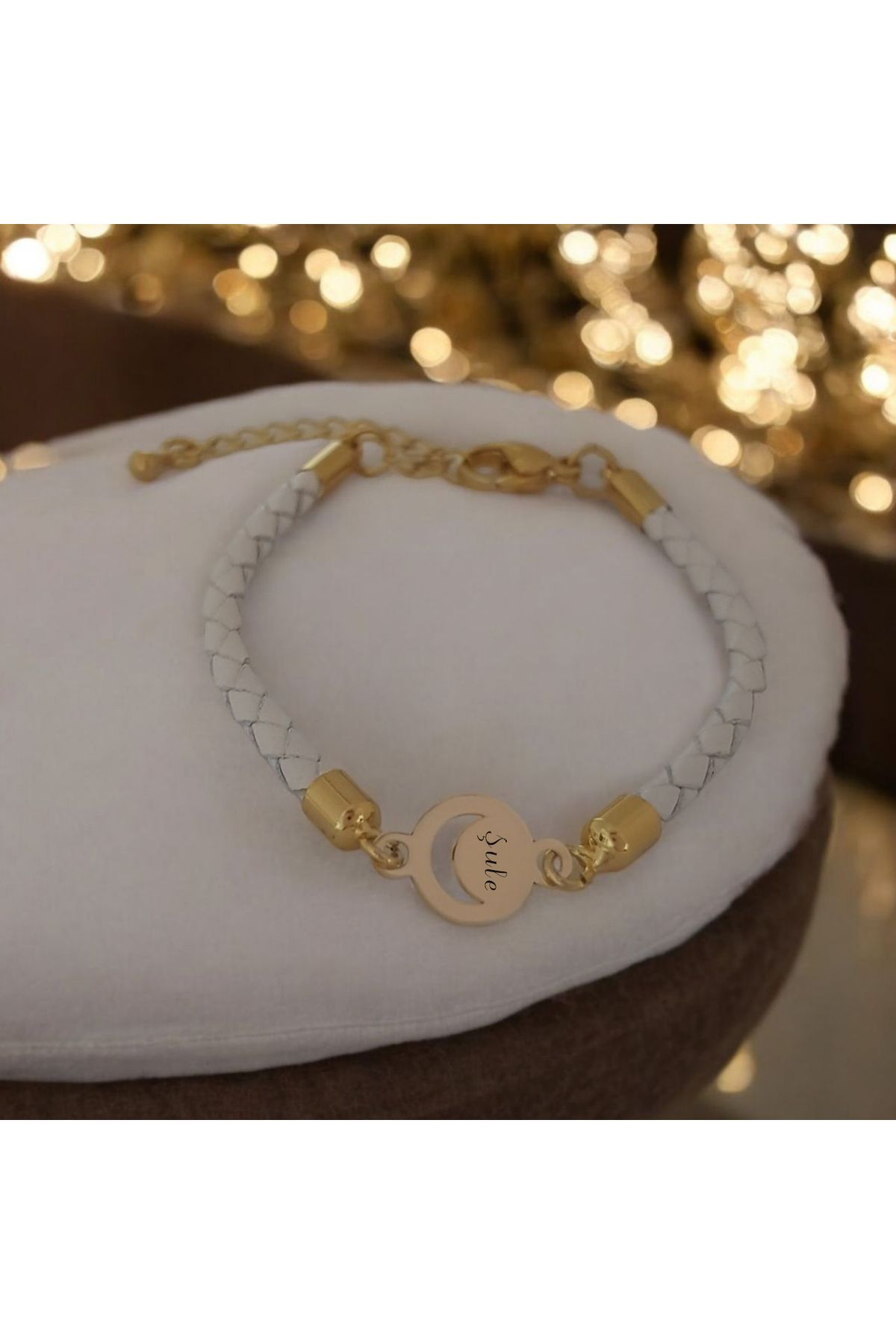 ARCHINO GOLD Şule İsmine Özel Doğal Derili Ay Motifli 14 Ayar Altın Plakalı Hediye Bileklik-477isim-beyaz