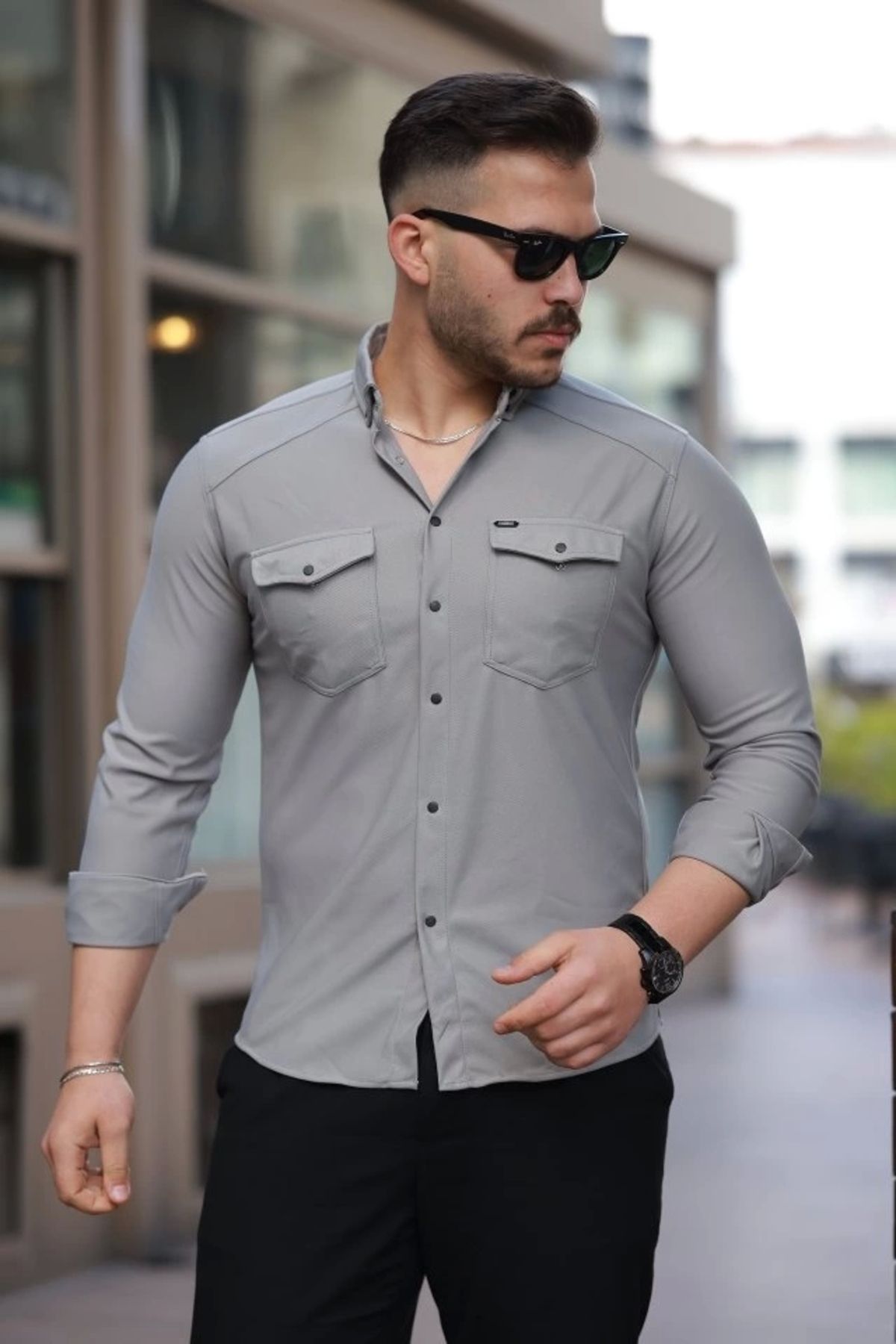 Butik Erkek çift Cepli çıtçıt Düğmeli Uzun Kollu Gömlek
