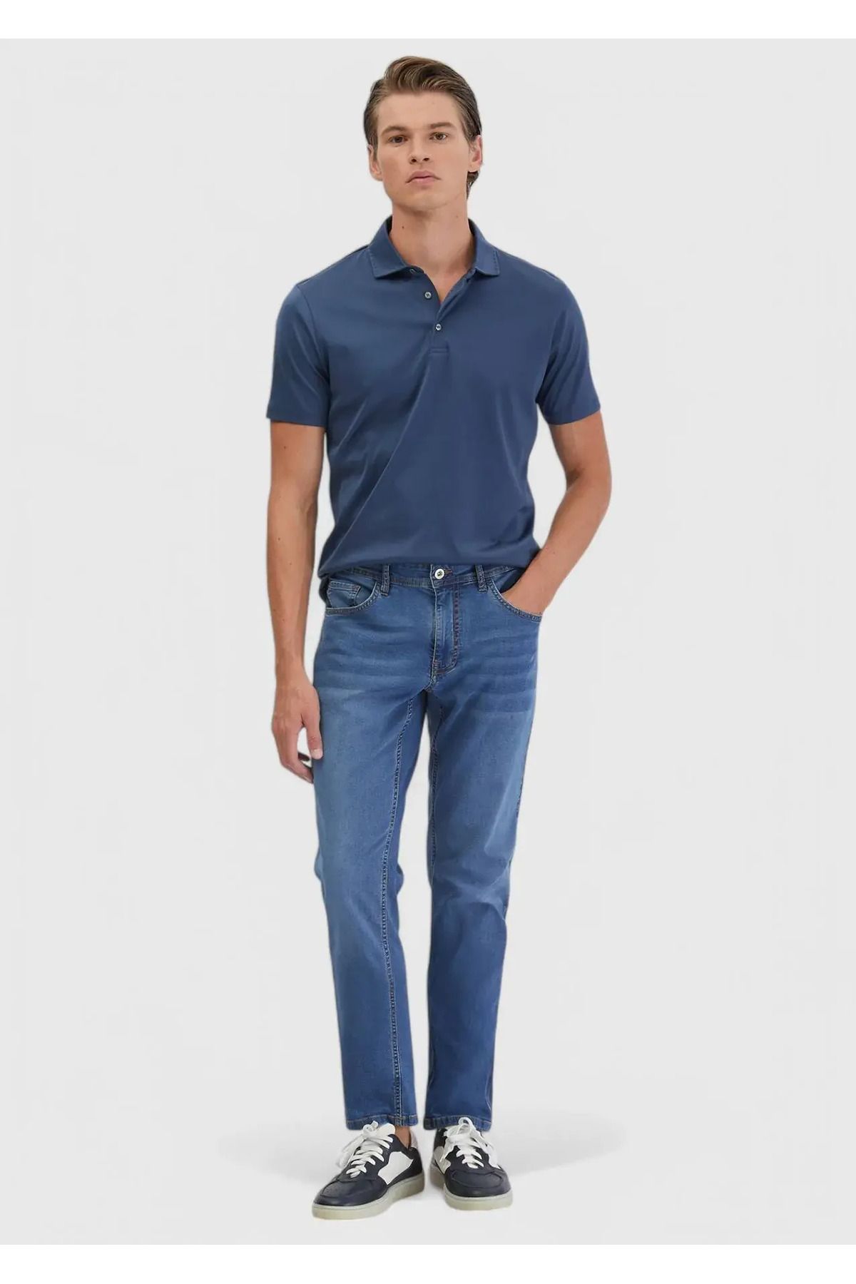 Ramsey Mavi Düz Slim Fit Denim Pamuk Karışımlı Pantolon