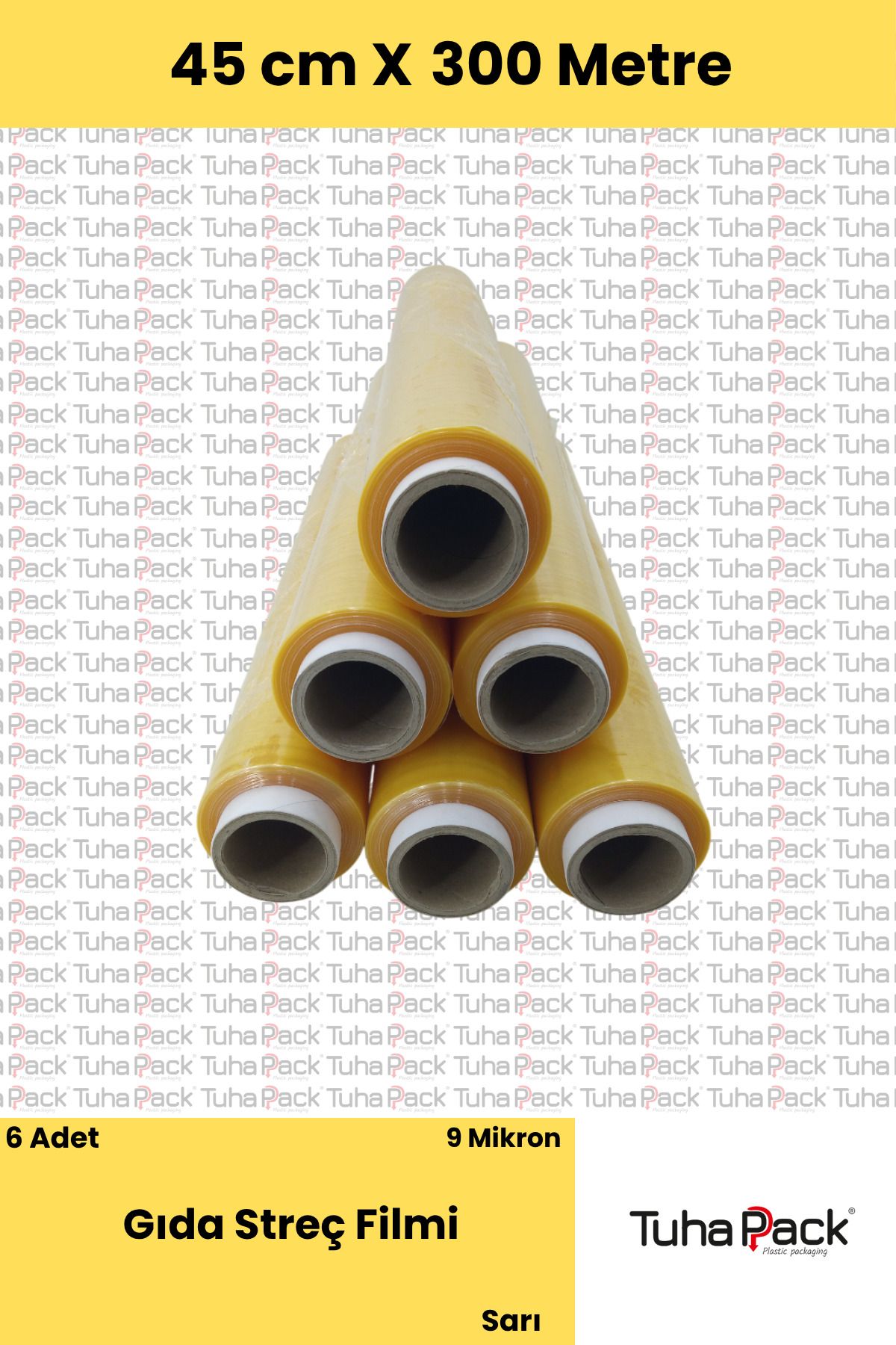 tuhapack plastic packaging Gıda Streç Filmi 45cm x 300m - 9 Mkrn, Sarı, 6 Adet, Gıda Temasına Uygun