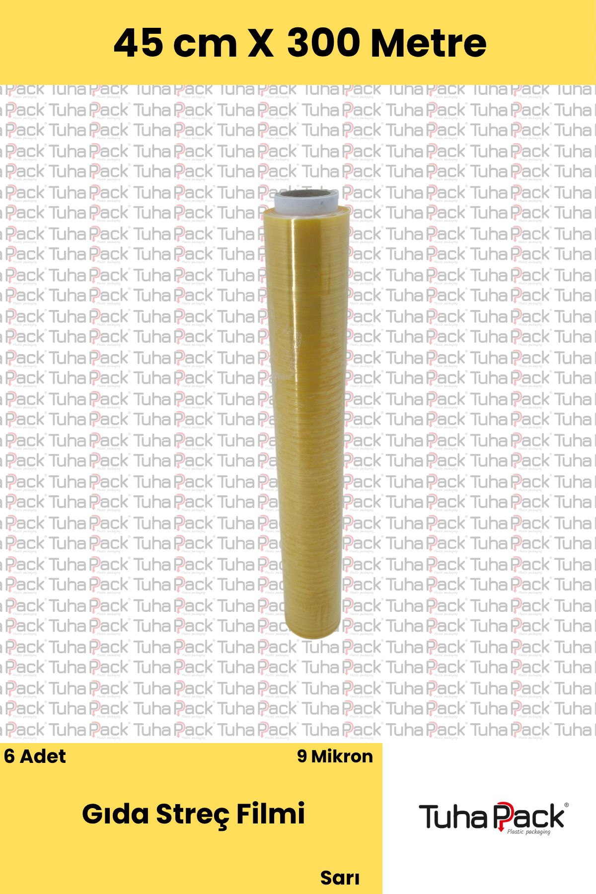 tuhapack plastic packaging Gıda Streç Filmi 45cm x 300m - 9 Mkrn, Sarı, 1 Adet, Gıda Temasına Uygun