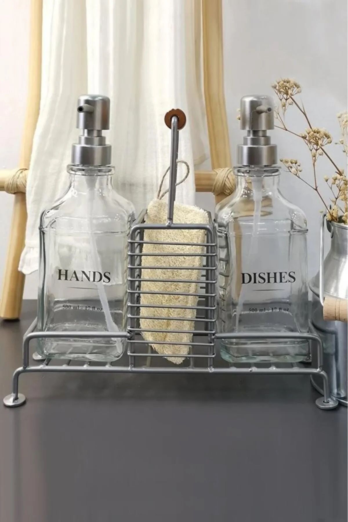 Home 2’li Metal Standlı Cam Sıvı Sabun ve Losyon Şişesi Sabunluk 500 Ml Gri