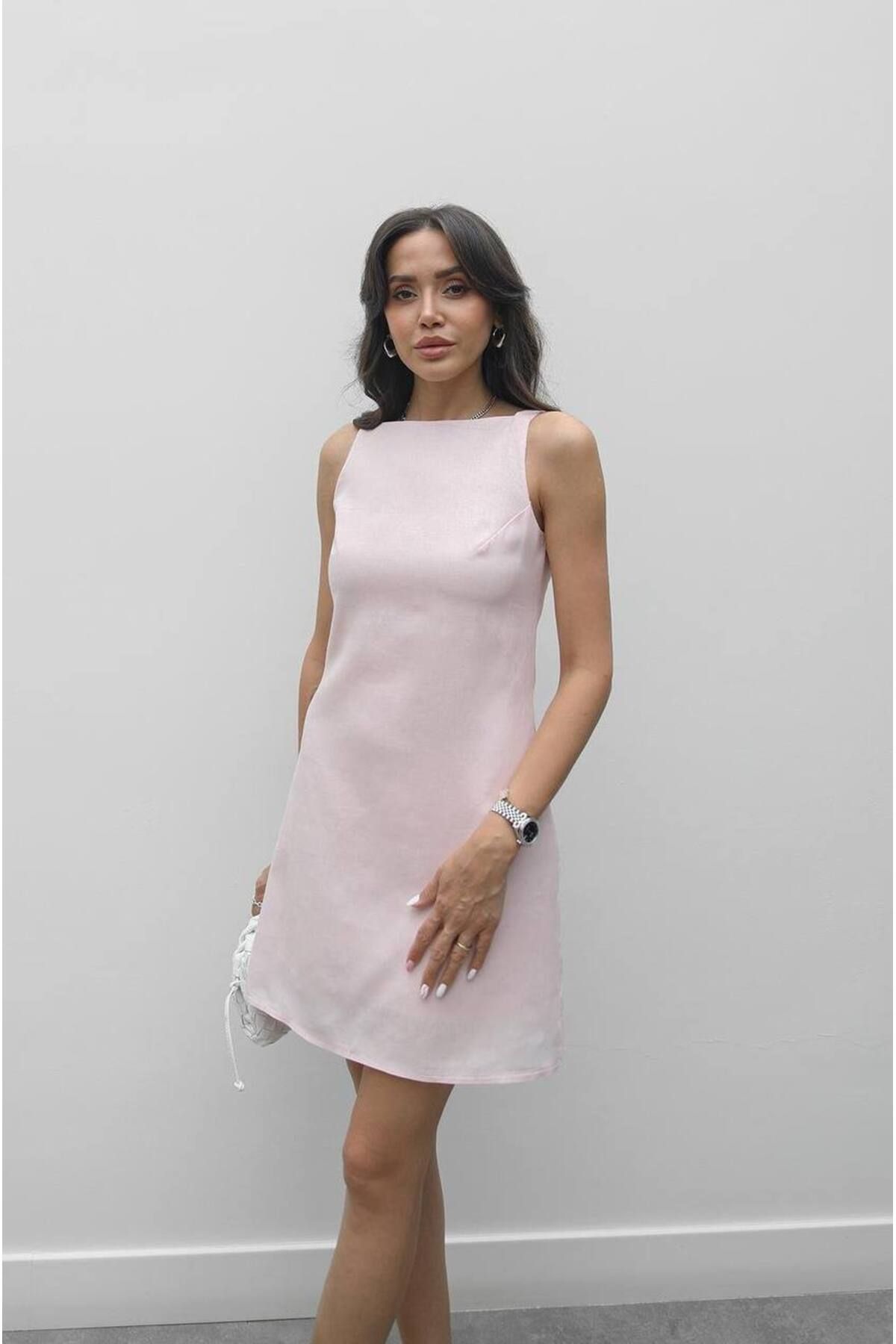 Hotfashion Halter Yaka Sırt Dekolteli Fermuarlı Keten Elbise